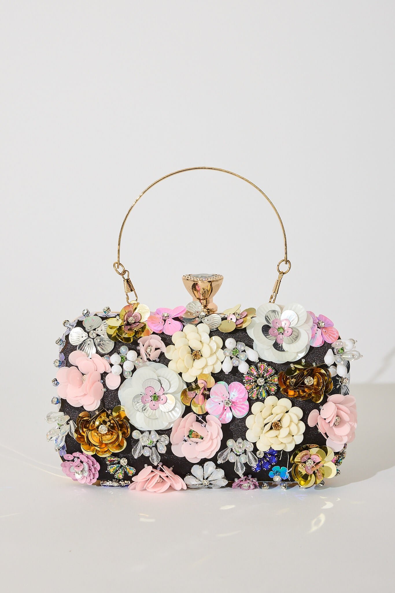 Clutch Bag in Black with 3D Multi Sequin Floral - Image 2
