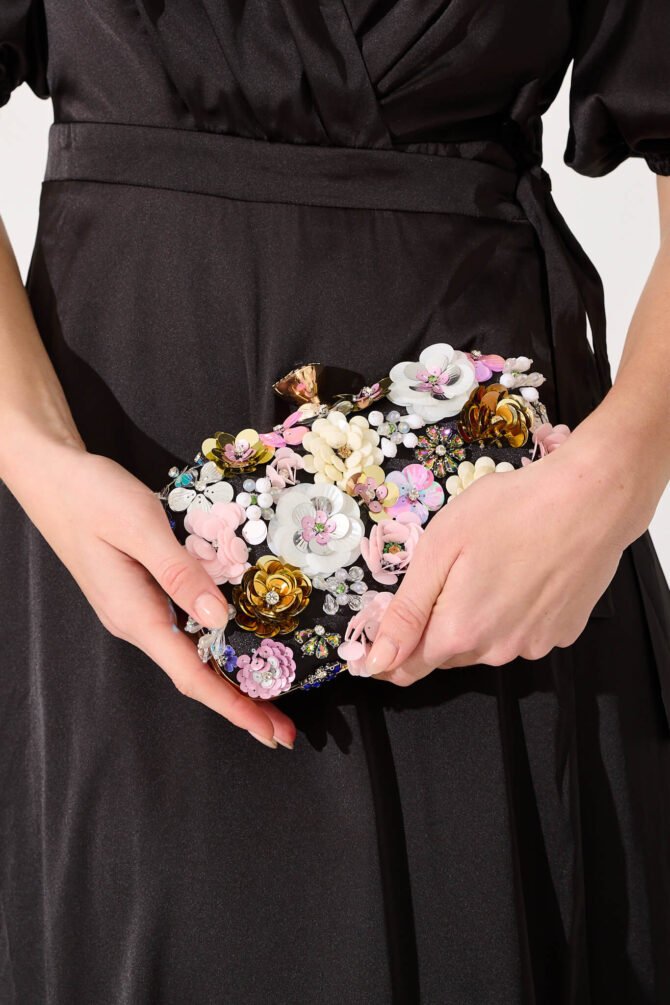 Clutch Bag in Black with 3D Multi Sequin Floral - Image 5