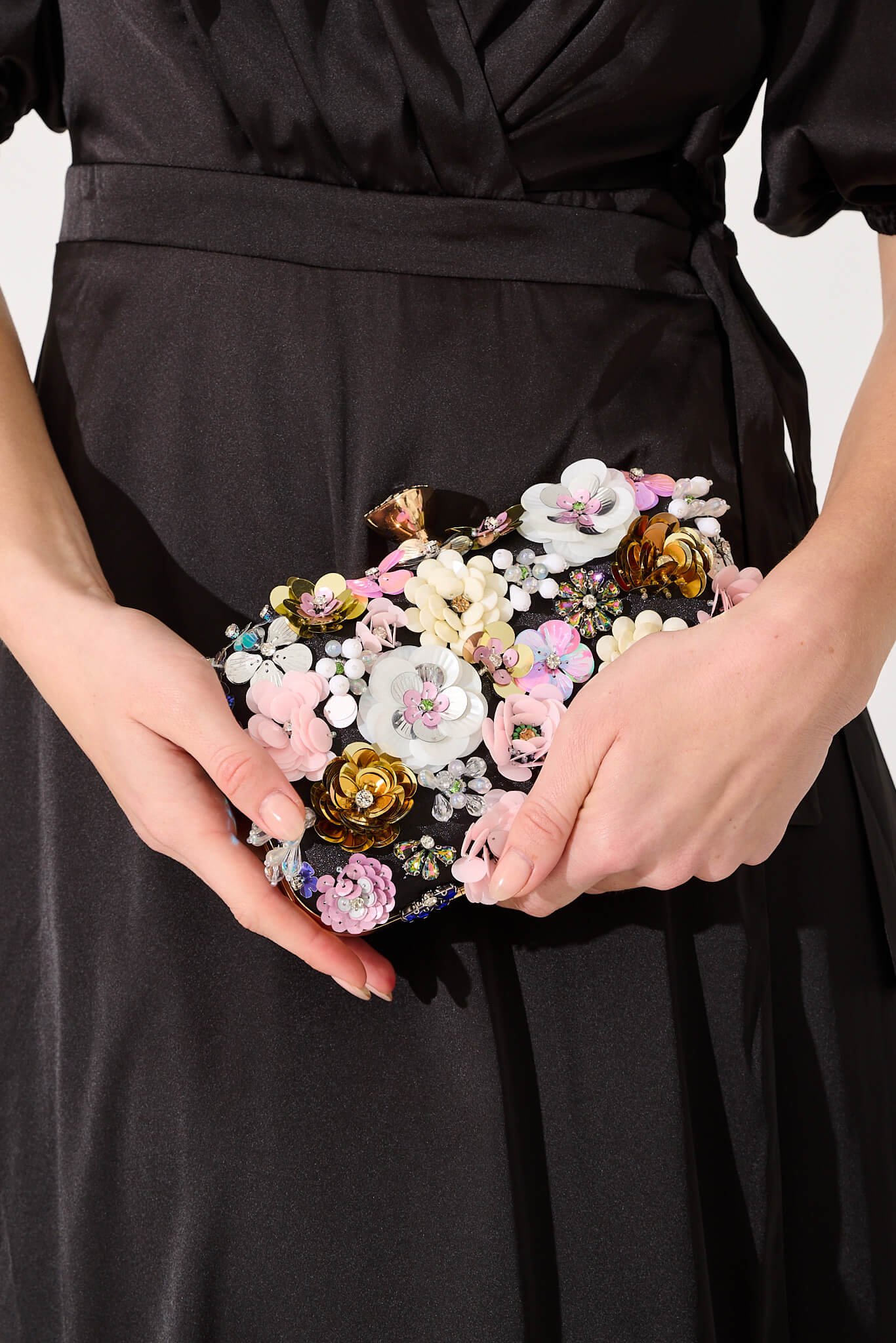 Clutch Bag in Black with 3D Multi Sequin Floral - Image 5