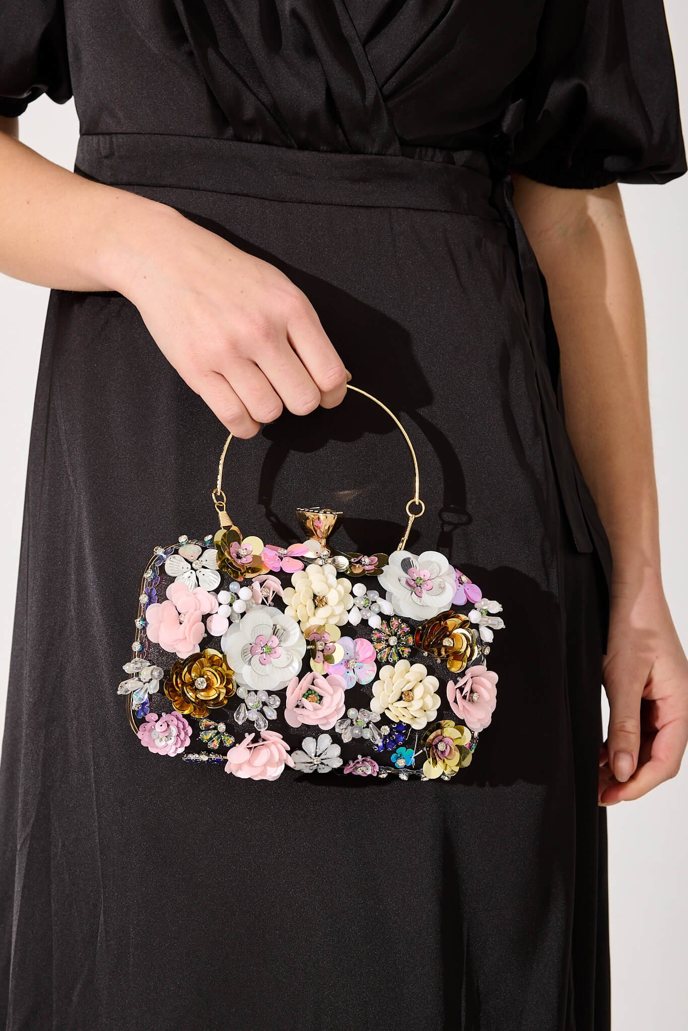 Clutch Bag in Black with 3D Multi Sequin Floral - Image 3