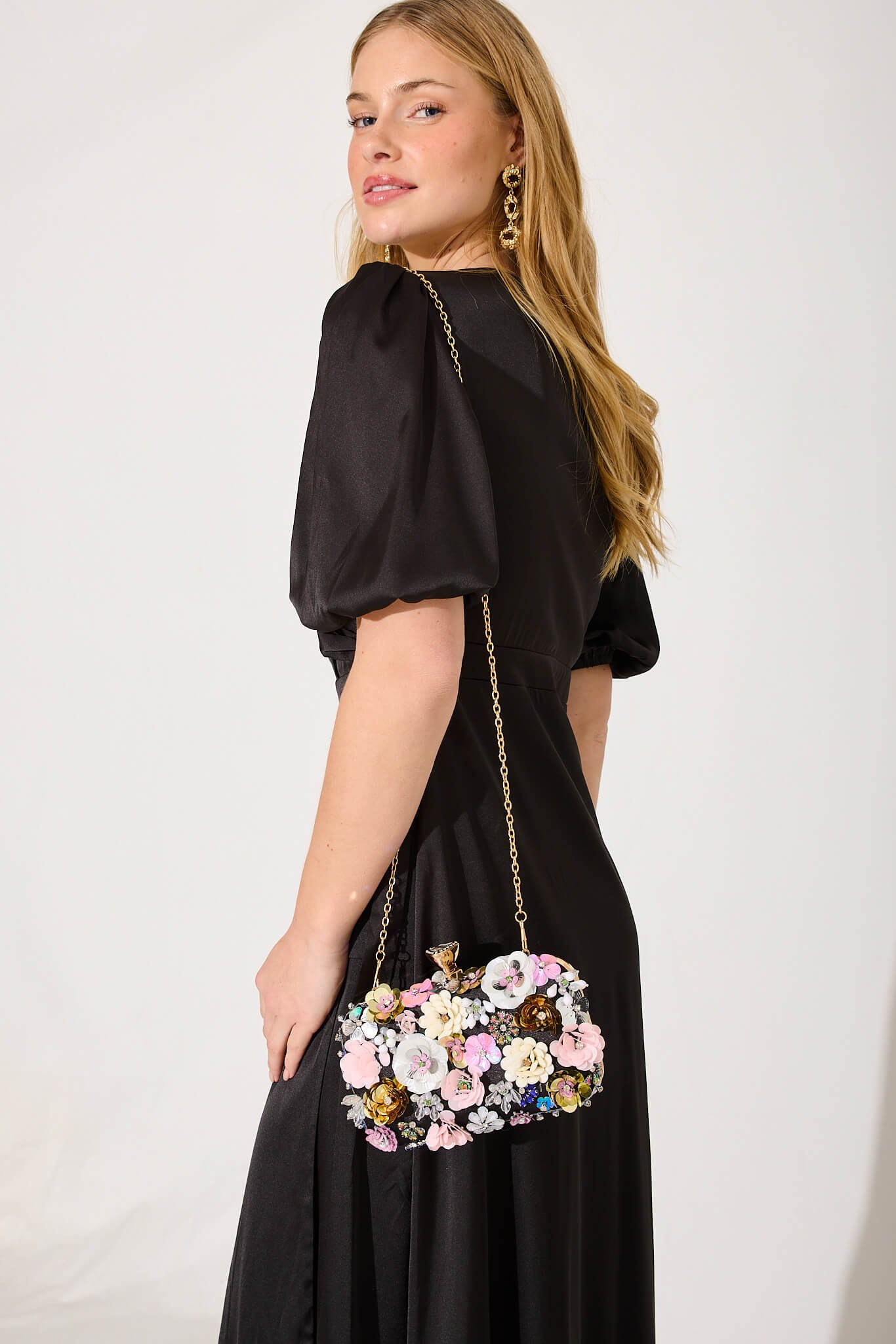 Clutch Bag in Black with 3D Multi Sequin Floral - Image 4