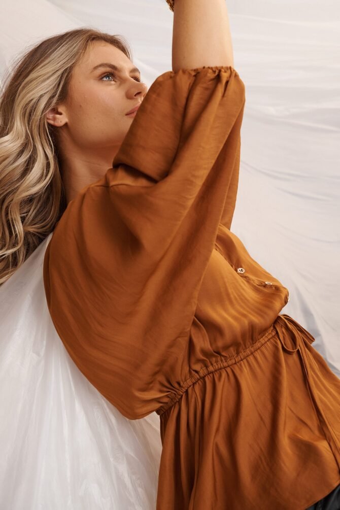V Neck Top in Rust Satin - Image 9