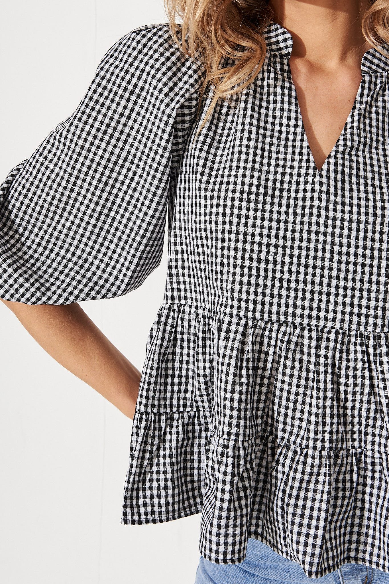 Top In Black And White Gingham Cotton - Image 6