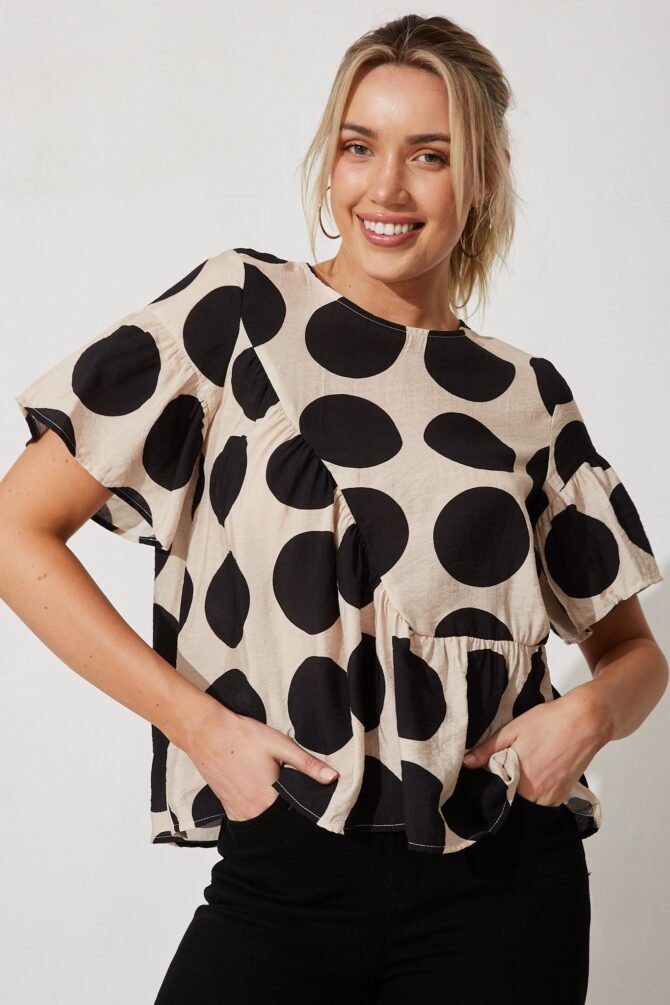 Top In Beige With Black Spot Print Cotton Blend - Image 2