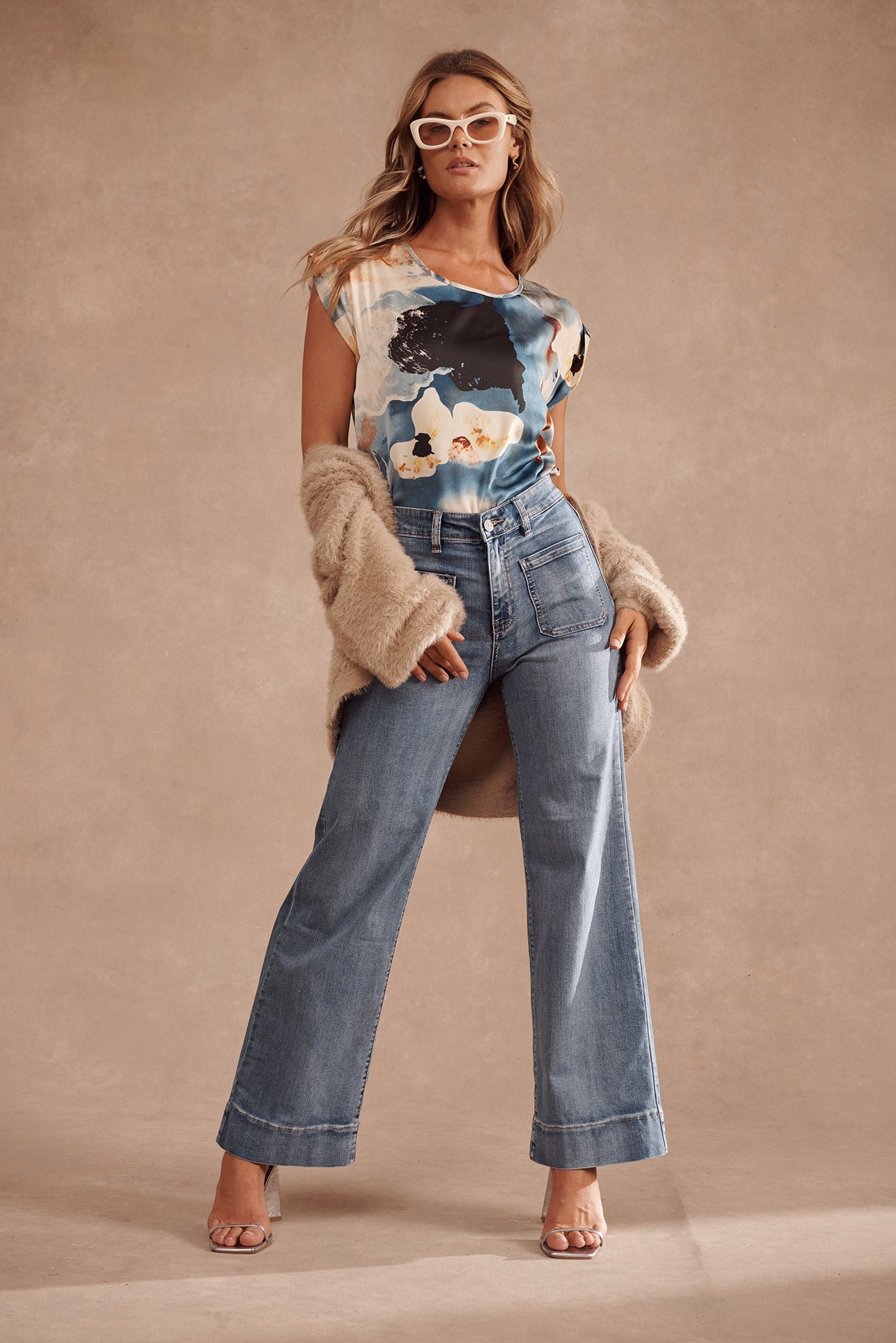 Top In Blue And Cream Watercolour Satin - Image 4