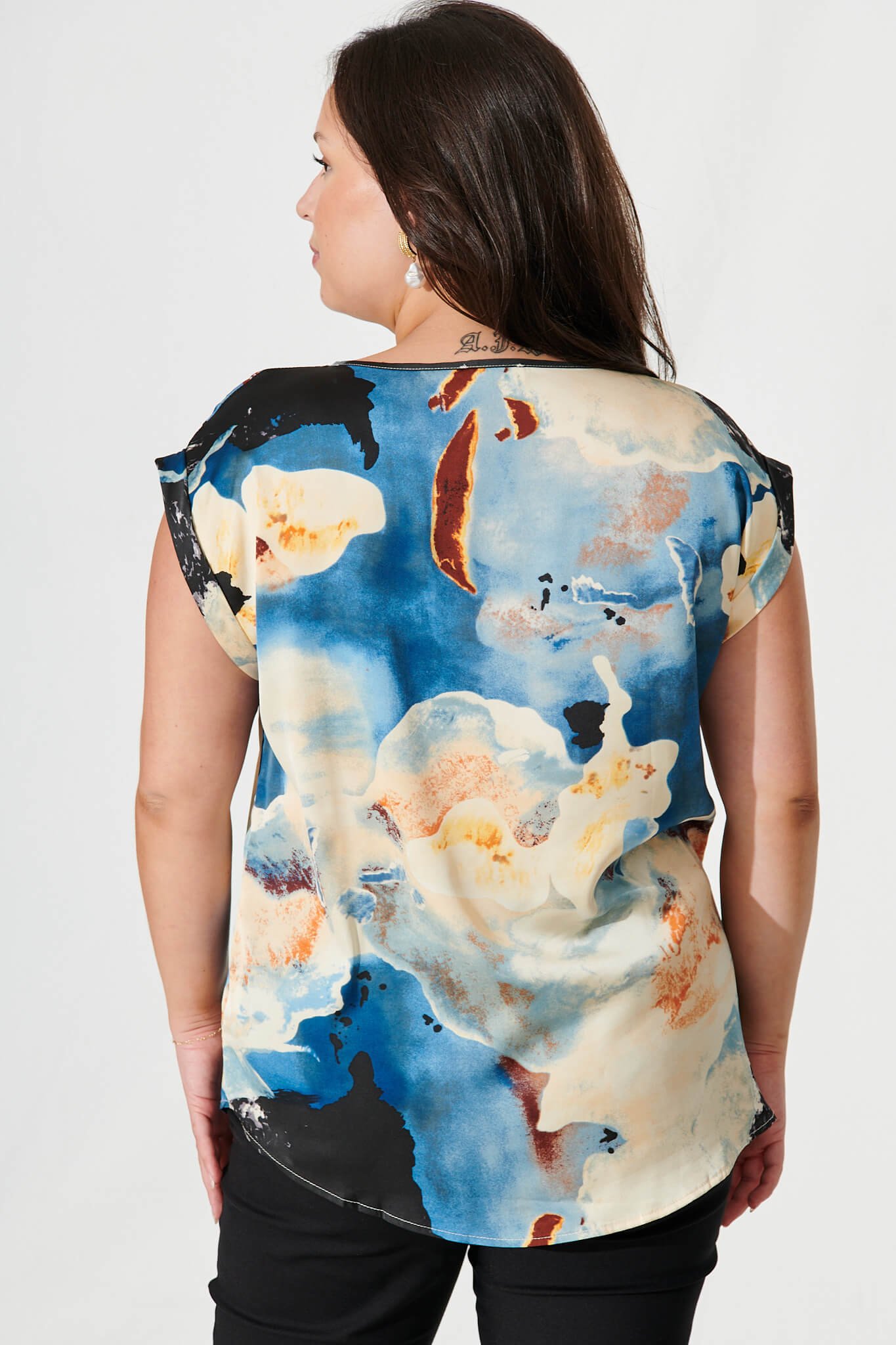 Top In Blue And Cream Watercolour Satin - Image 8