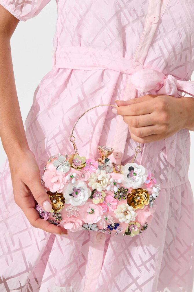 Clutch Bag in Blush with 3D Multi Sequin Floral - Image 6