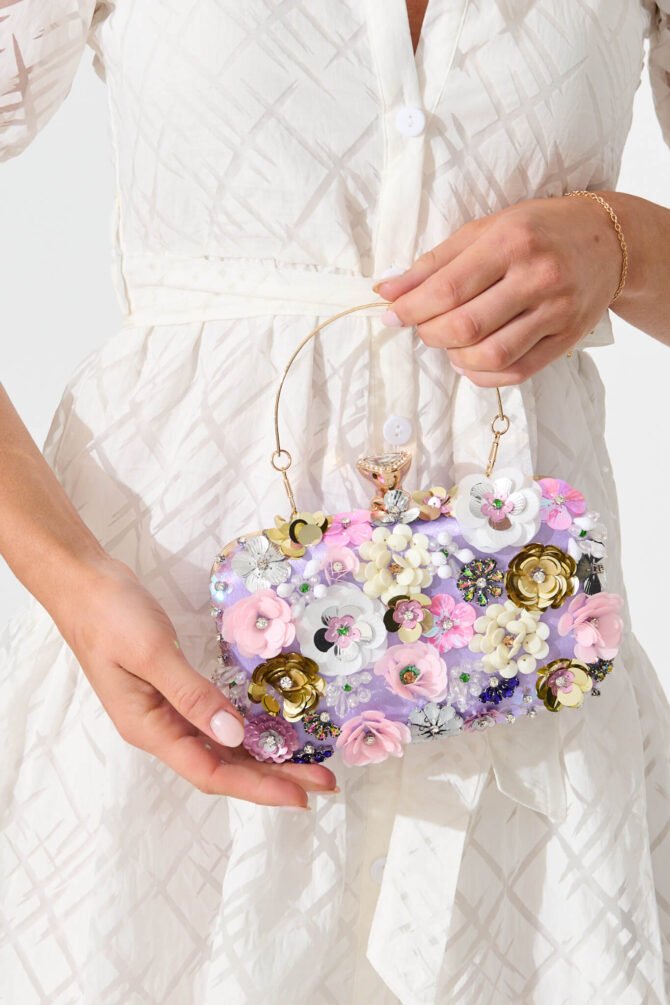 Clutch Bag in Lilac with 3D Multi Sequin Floral - Image 5
