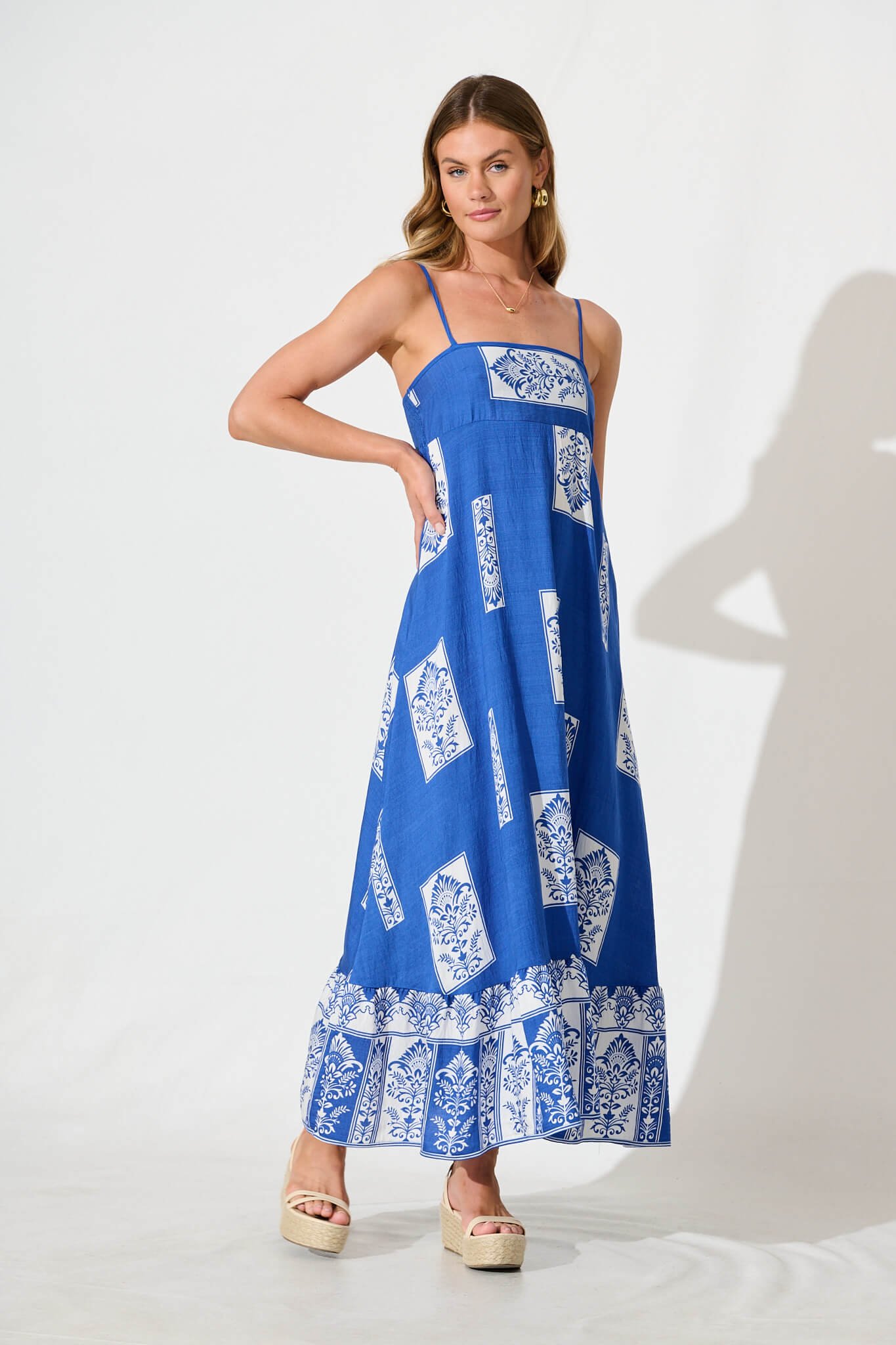 Midi Sundress in Blue with White Print