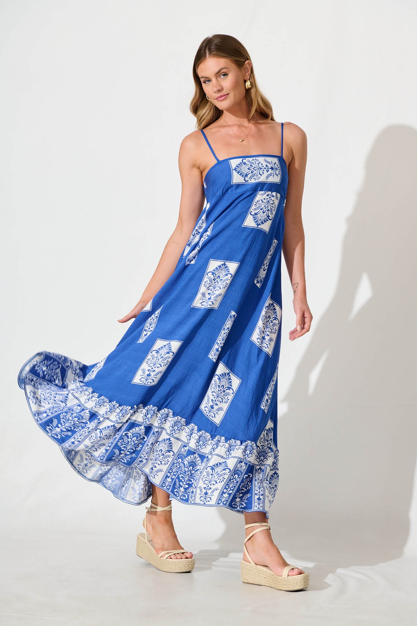 Midi Sundress in Blue with White Print - Image 3