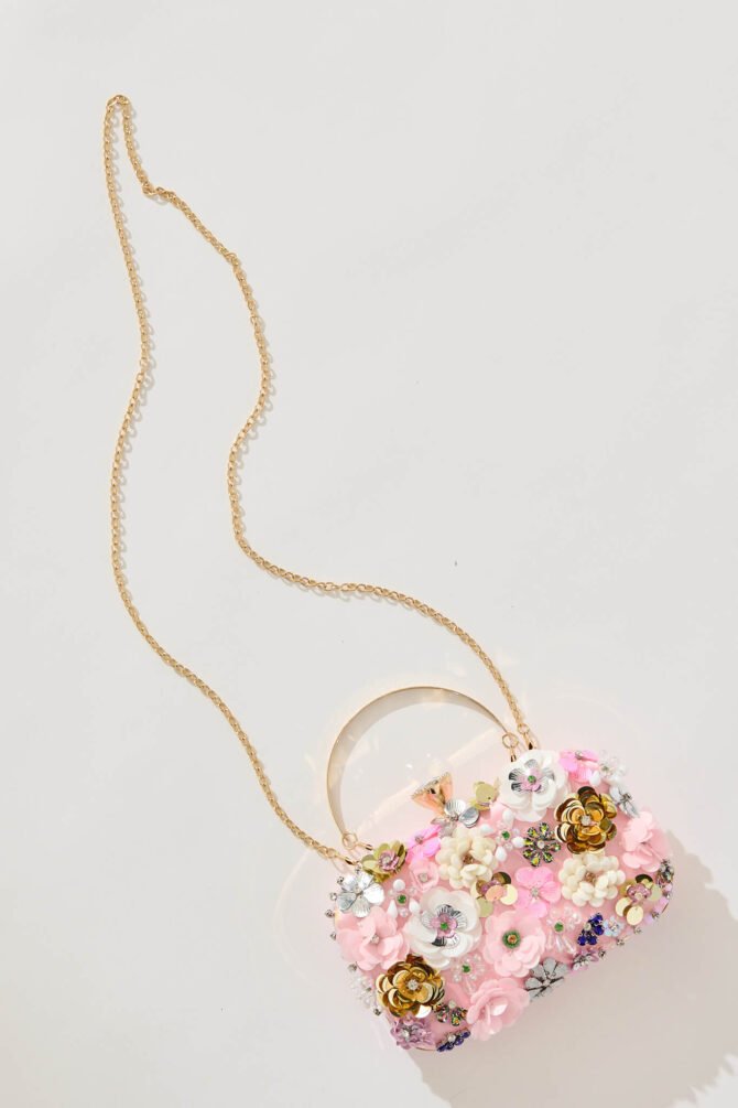 Clutch Bag in Blush with 3D Multi Sequin Floral - Image 5
