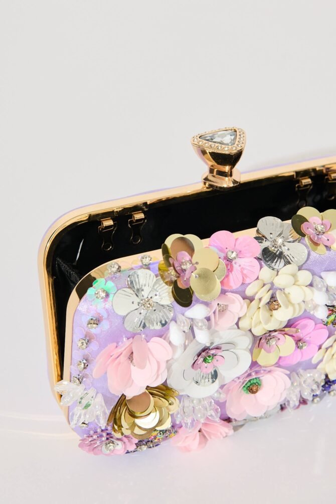 Clutch Bag in Lilac with 3D Multi Sequin Floral - Image 3