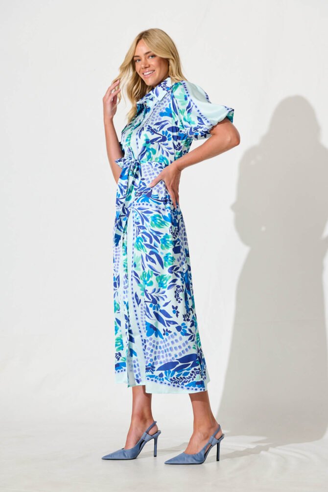 Maxi Shirt Dress In Aqua with Blue Print Satin - Image 3