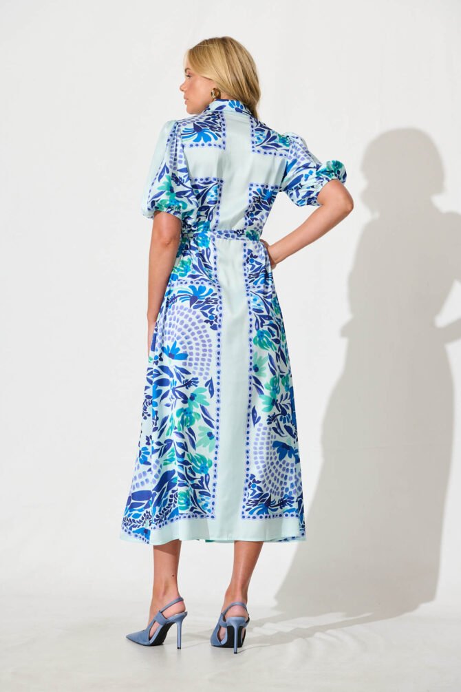 Maxi Shirt Dress In Aqua with Blue Print Satin - Image 4