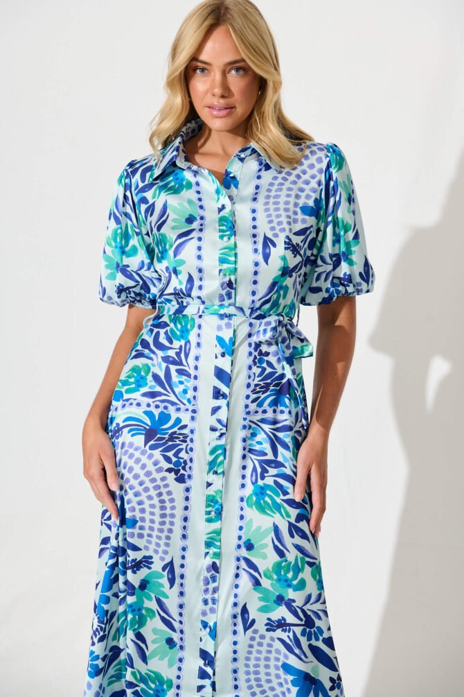 Maxi Shirt Dress In Aqua with Blue Print Satin - Image 2