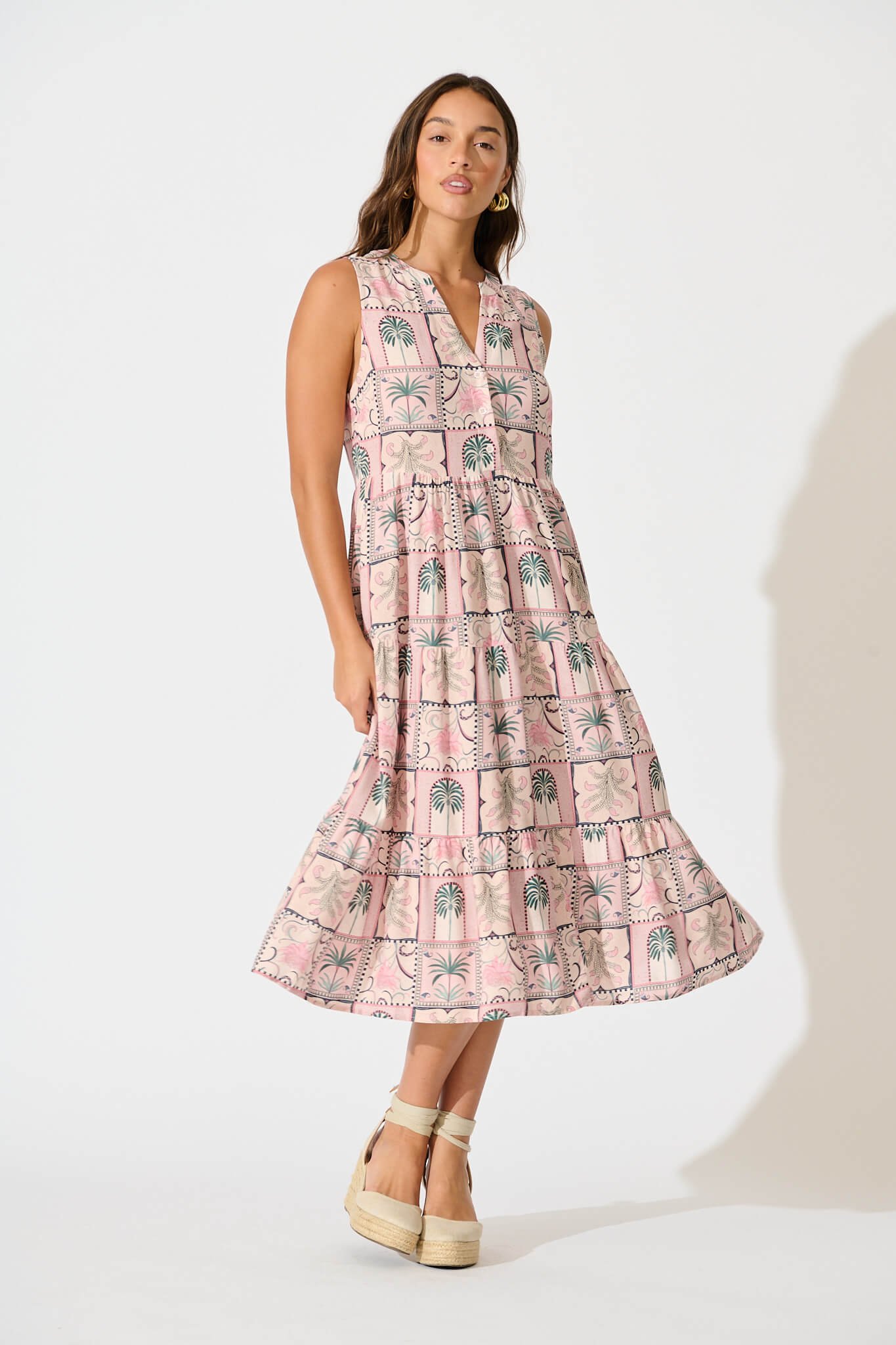 Midi Smock Dress in Blush Patchwork Palm Print