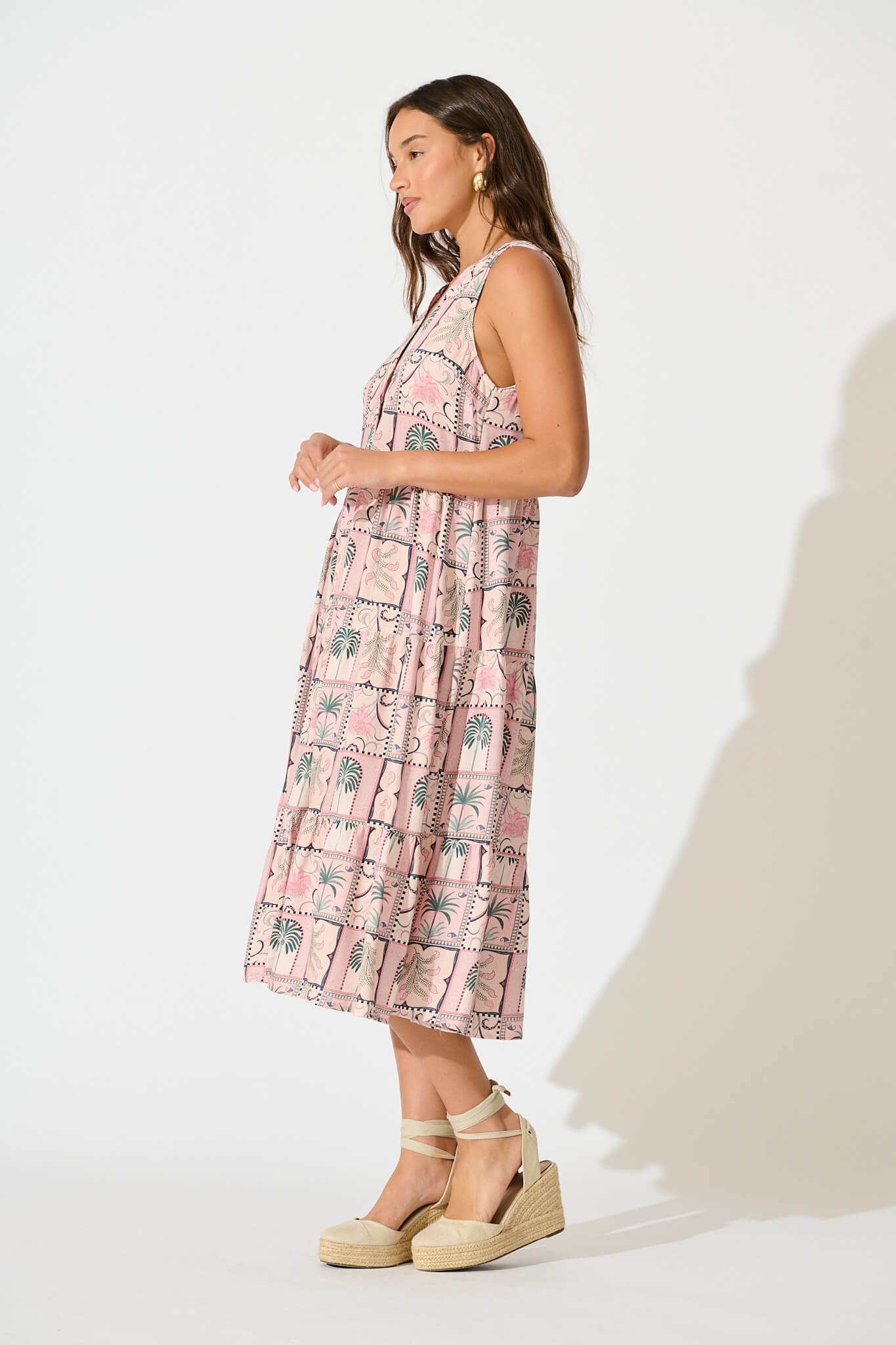 Midi Smock Dress in Blush Patchwork Palm Print - Image 3