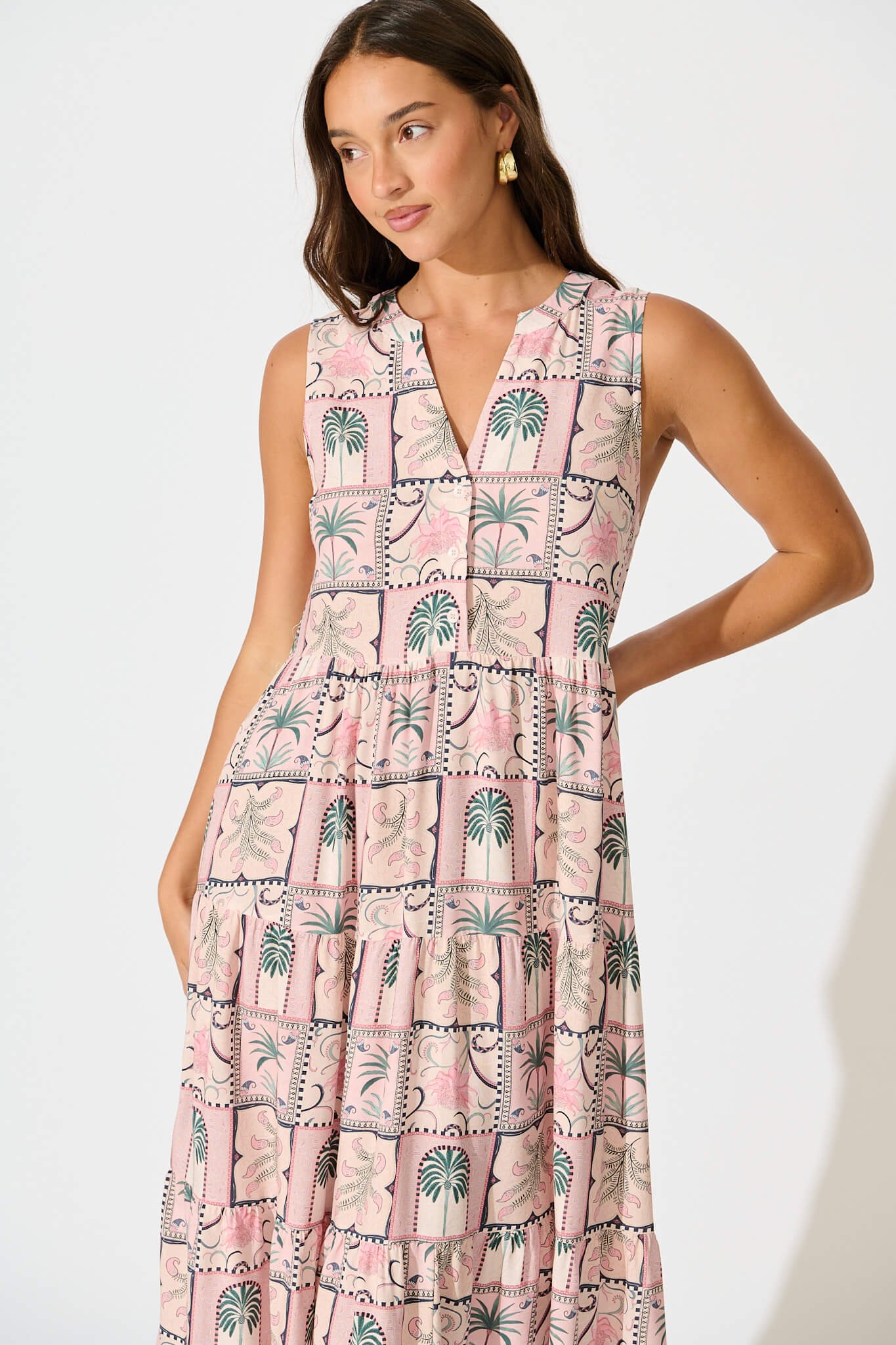 Midi Smock Dress in Blush Patchwork Palm Print - Image 2