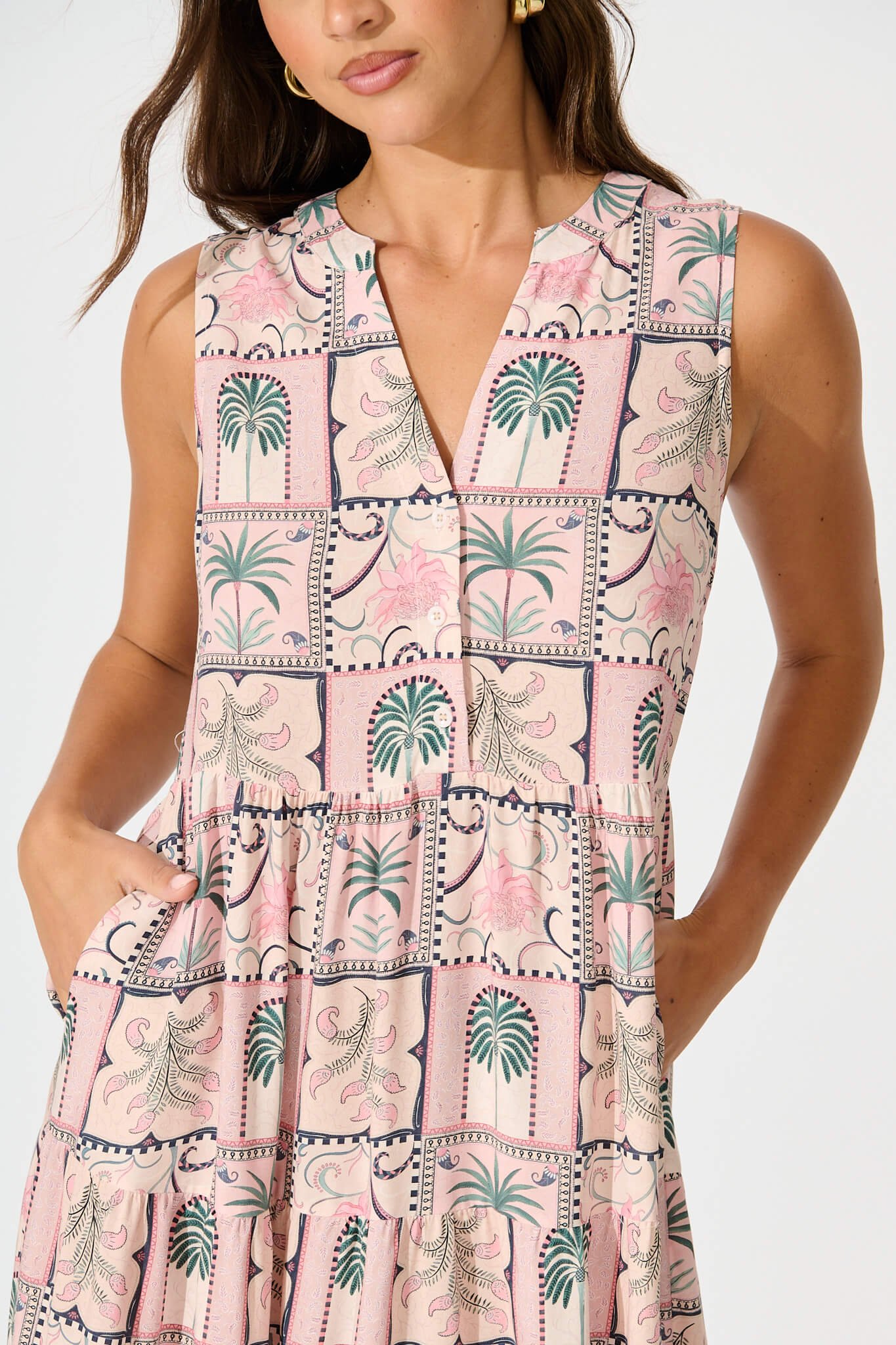 Midi Smock Dress in Blush Patchwork Palm Print - Image 5