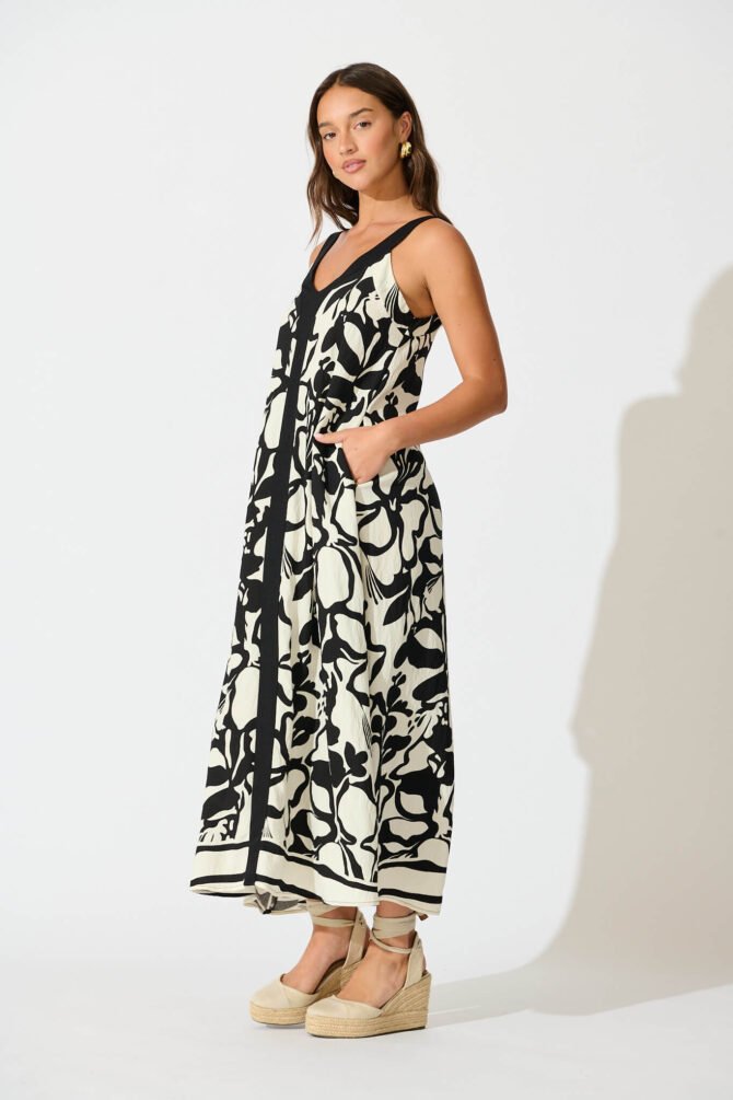 Maxi Dress in Black with White Print - Image 3