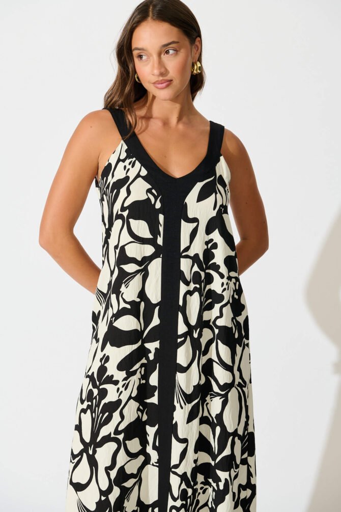 Maxi Dress in Black with White Print - Image 2