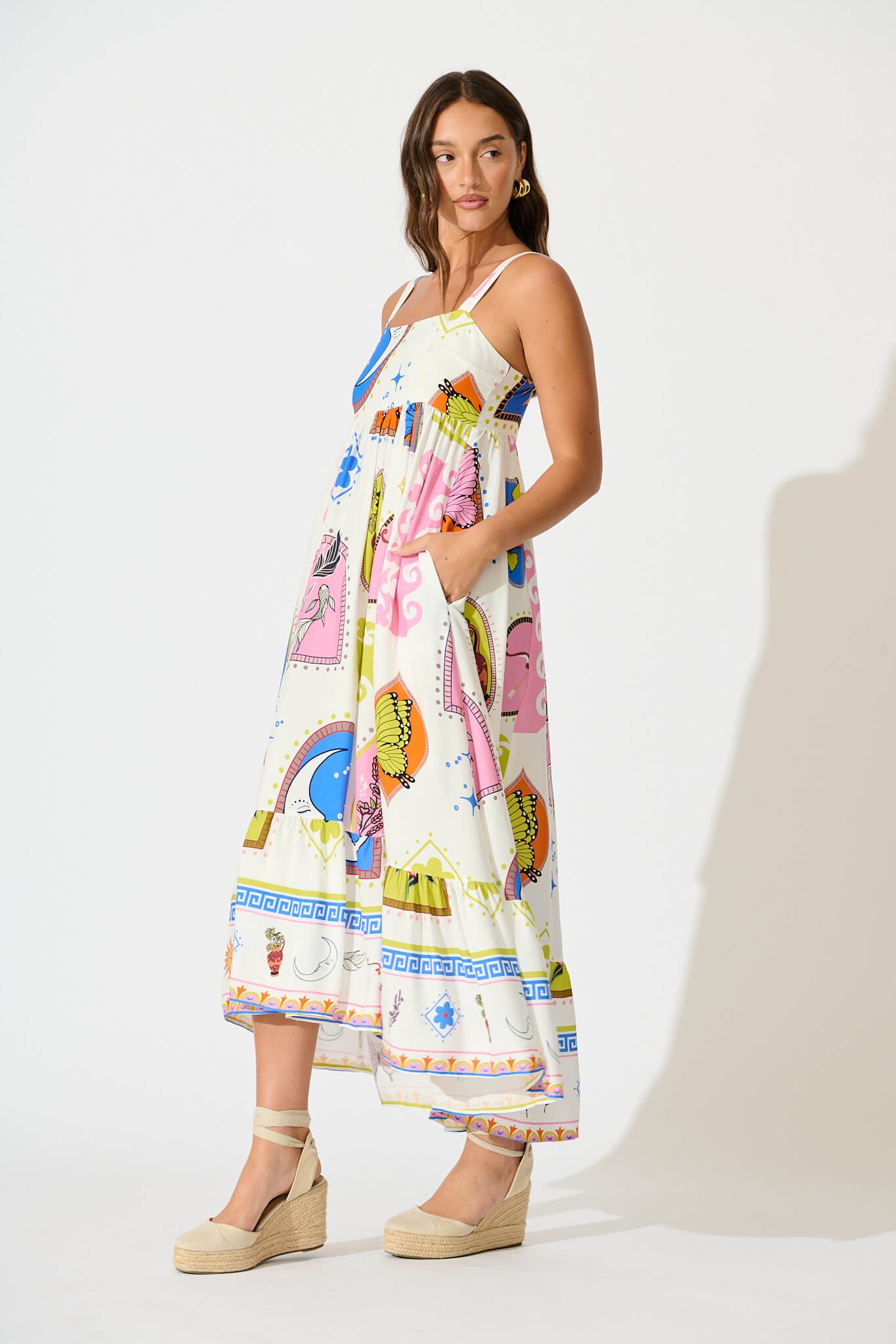 Midi Dress In White With Bright Print - Image 4