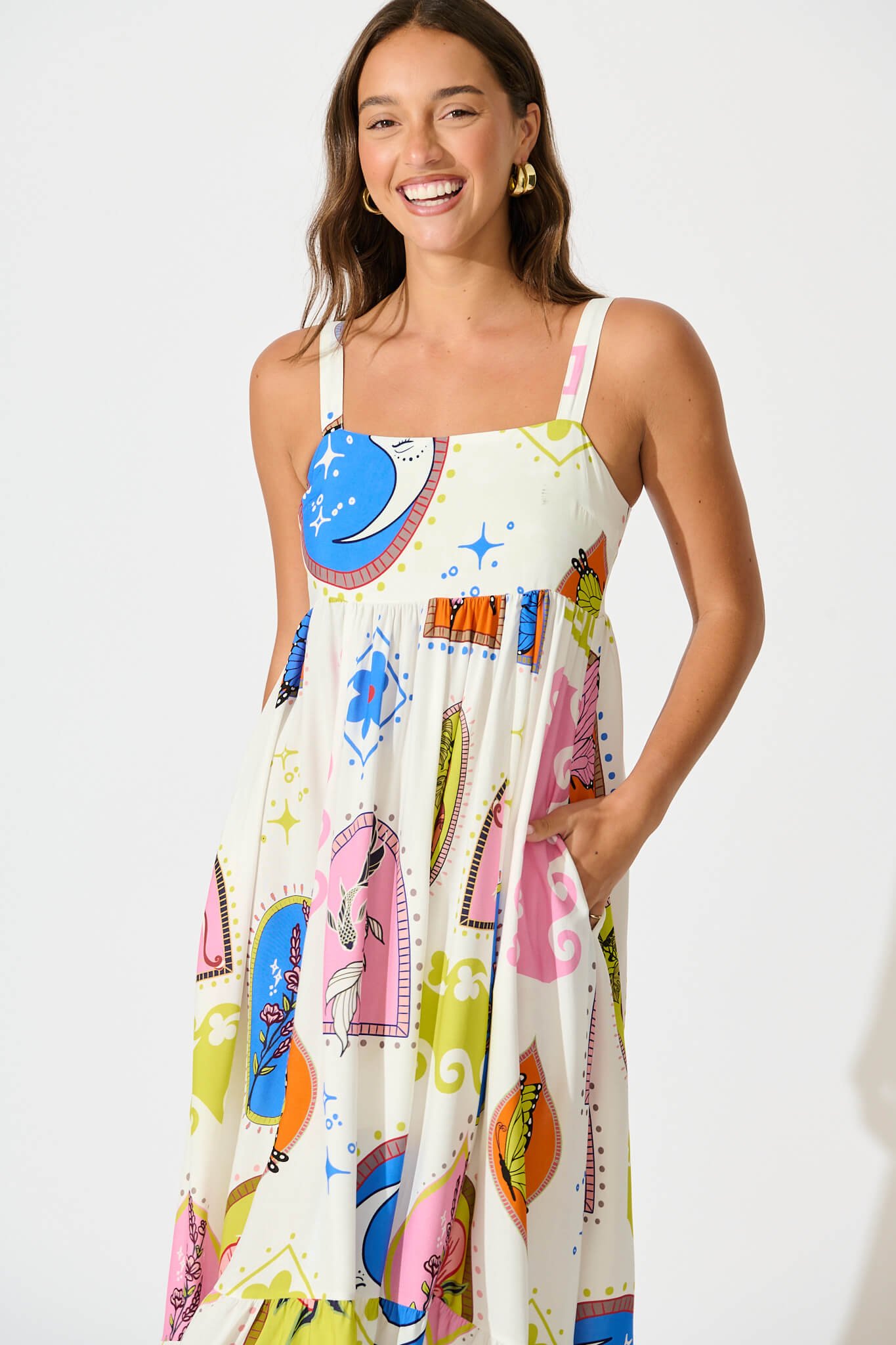 Midi Dress In White With Bright Print - Image 2