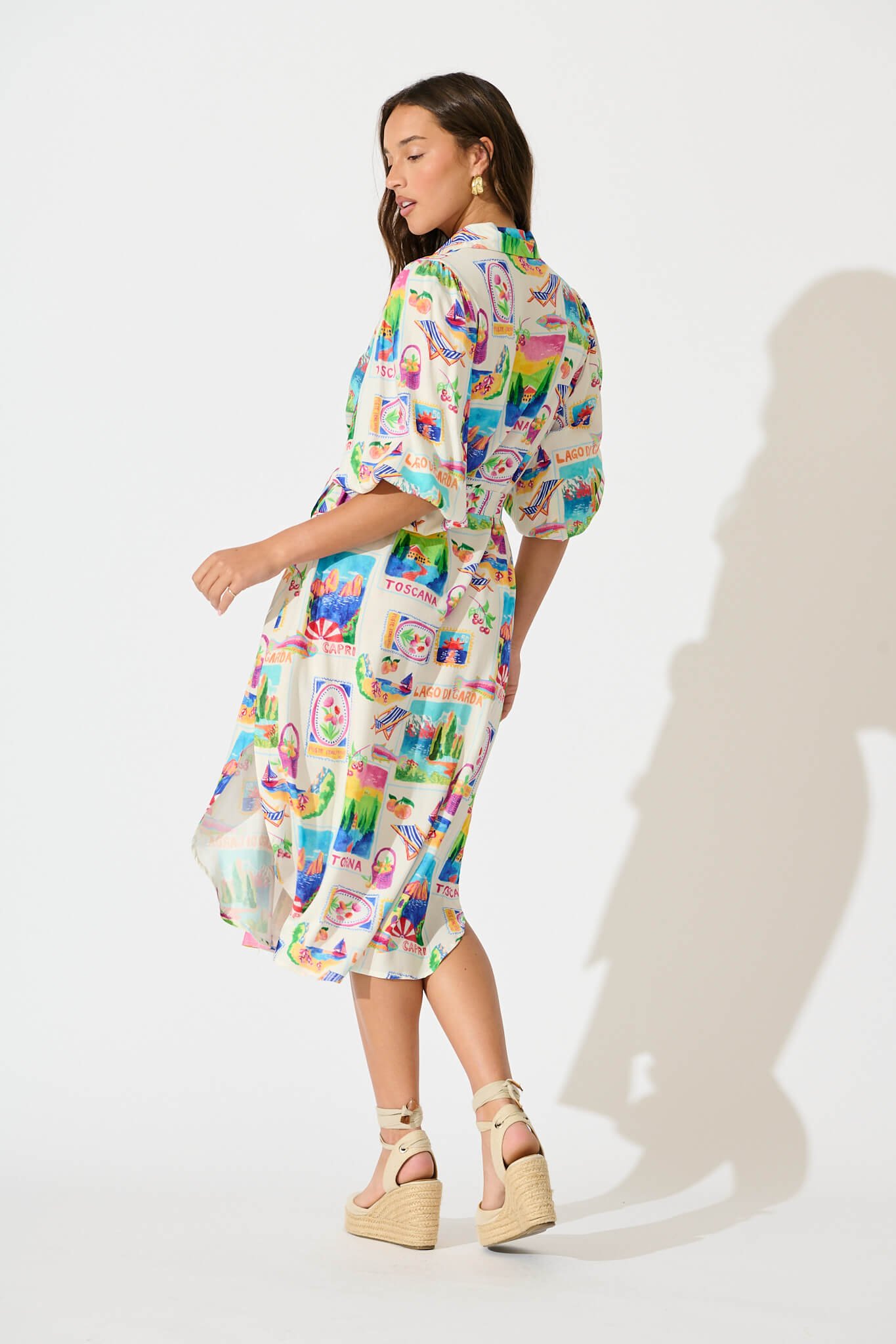 Midi Shirt Dress In White With Bright Resort Print - Image 4