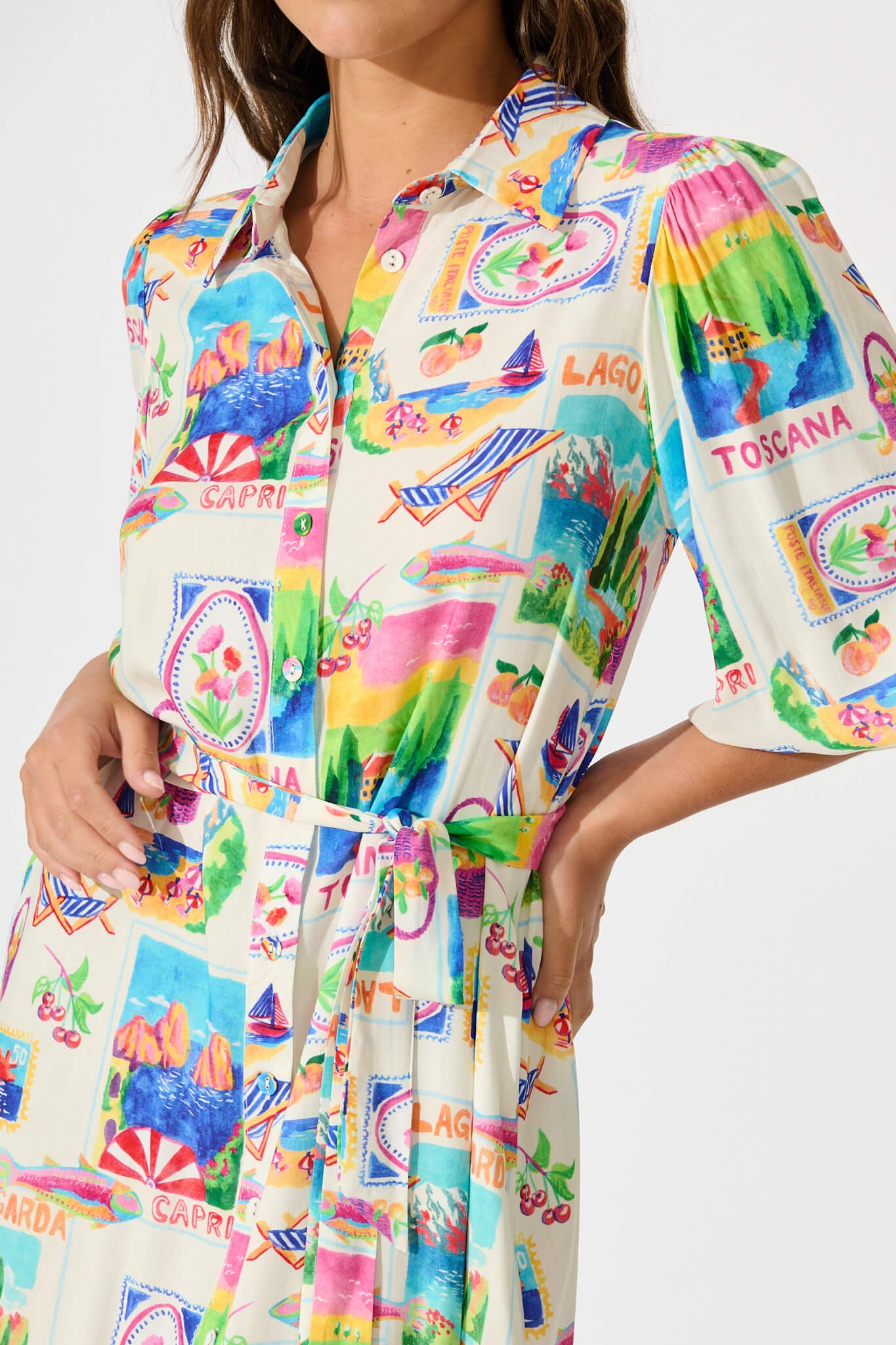 Midi Shirt Dress In White With Bright Resort Print - Image 5