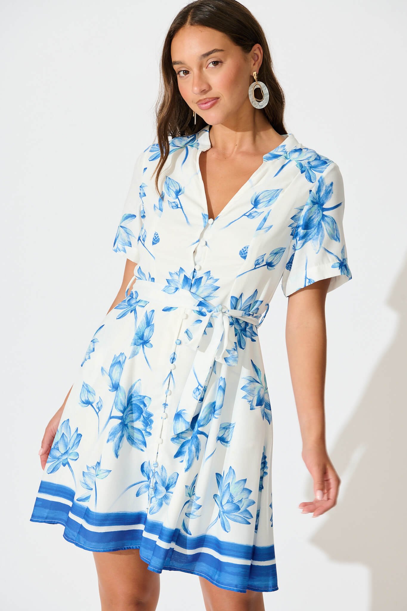 Dress in White with Blue Flower Border Linen Blend - Image 2