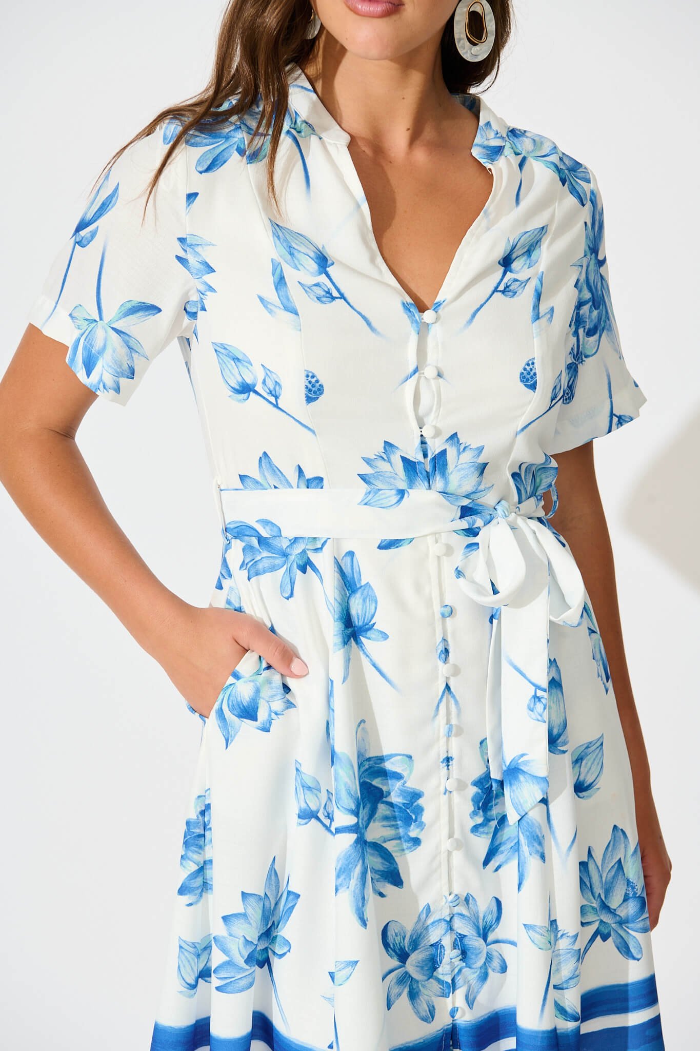Dress in White with Blue Flower Border Linen Blend - Image 5