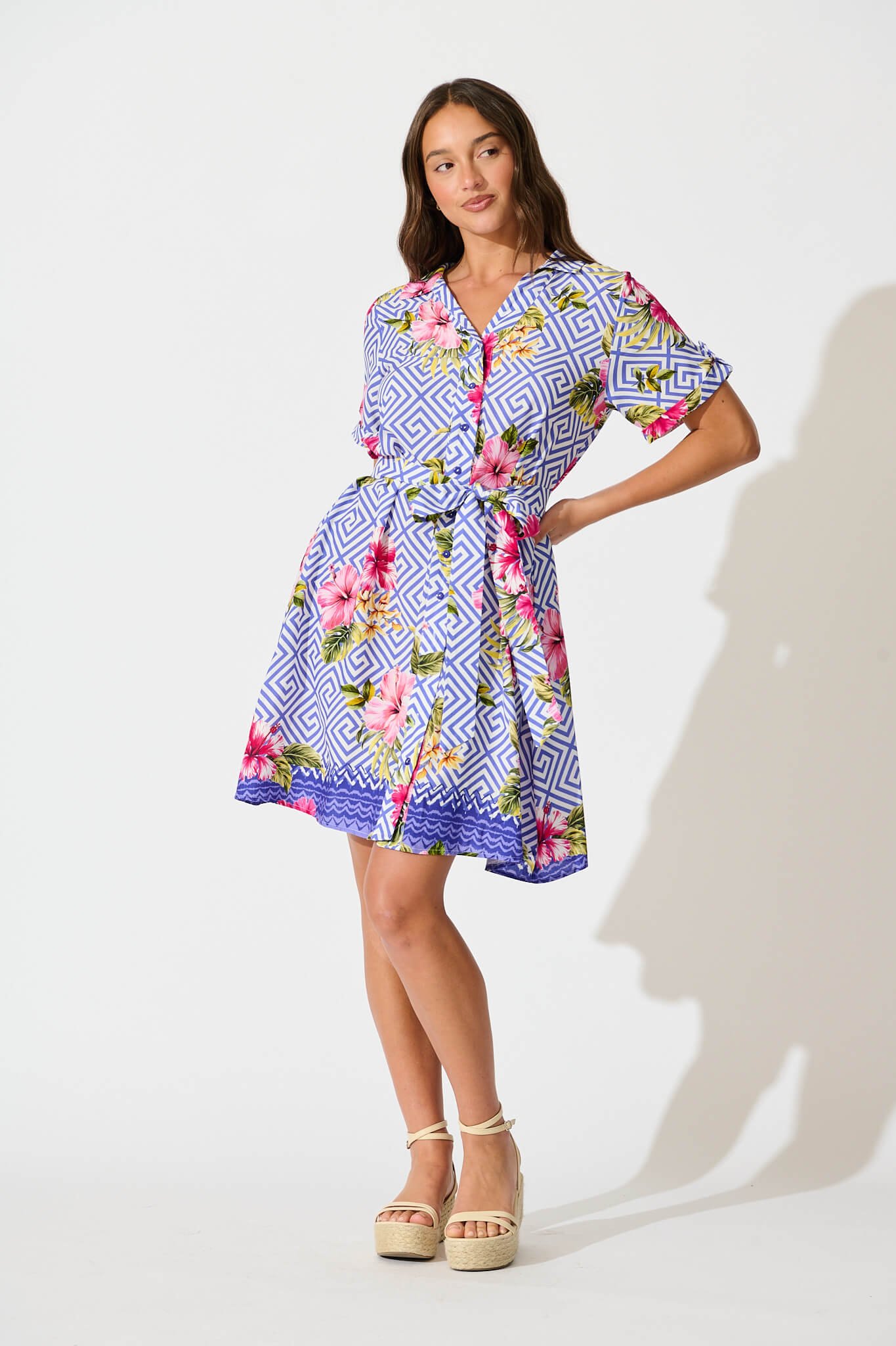 Shirt Dress in Blue with Multi Floral Print