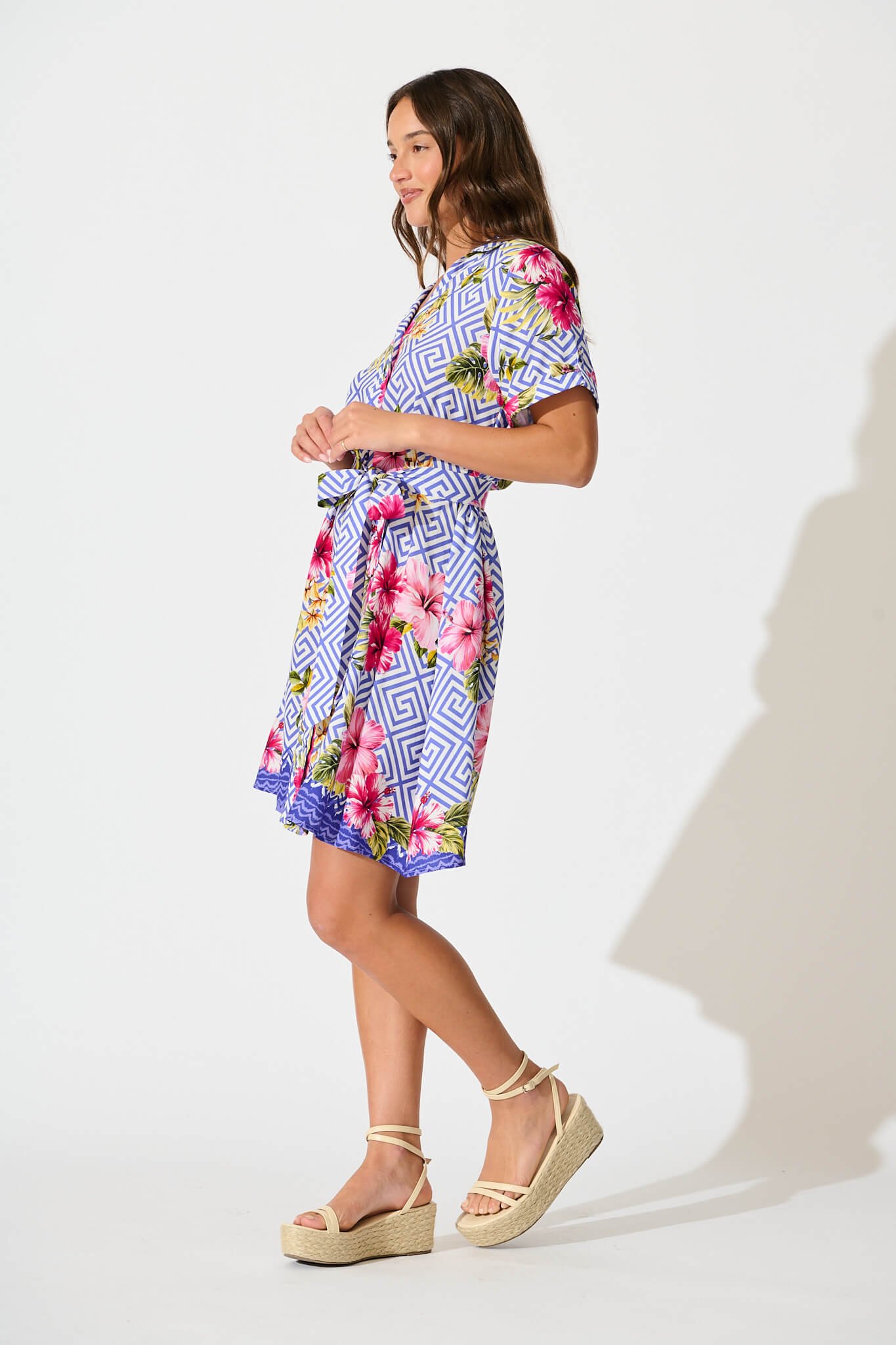 Shirt Dress in Blue with Multi Floral Print - Image 3