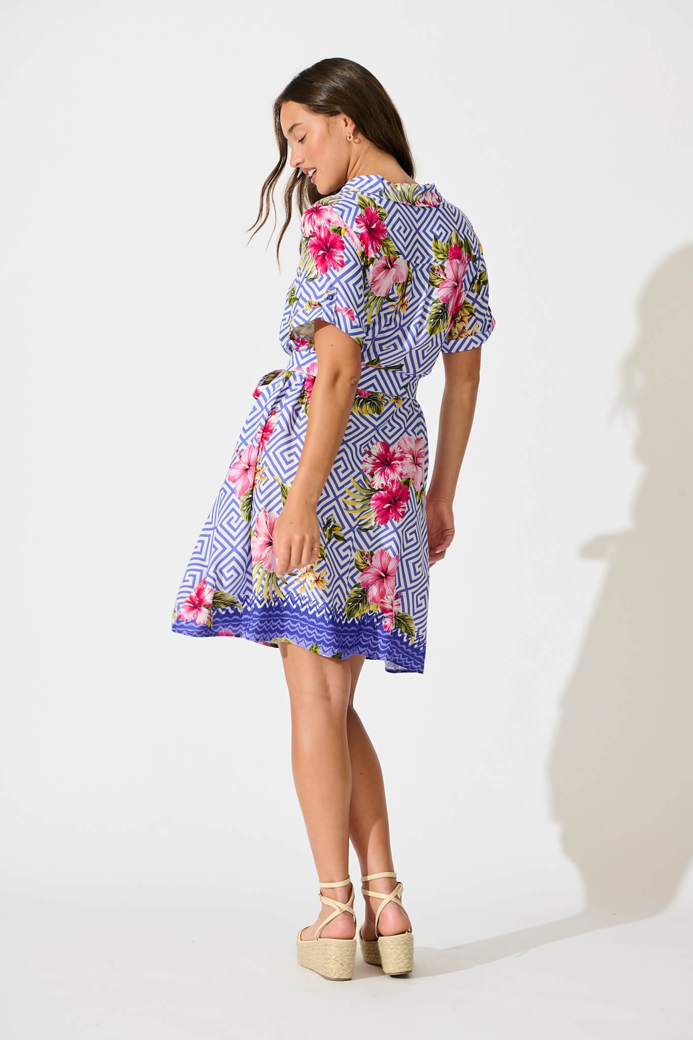 Shirt Dress in Blue with Multi Floral Print - Image 4