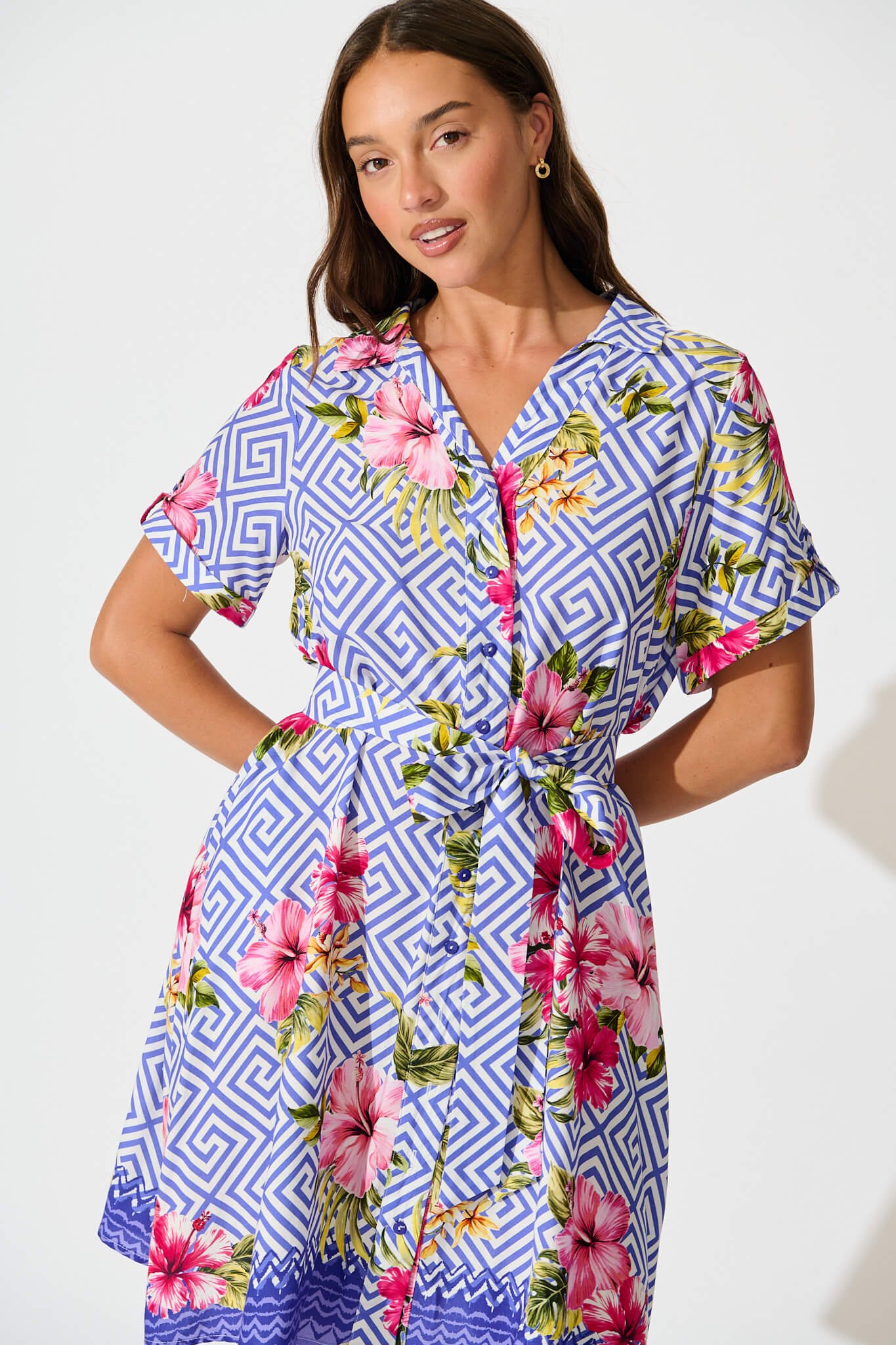 Shirt Dress in Blue with Multi Floral Print - Image 2