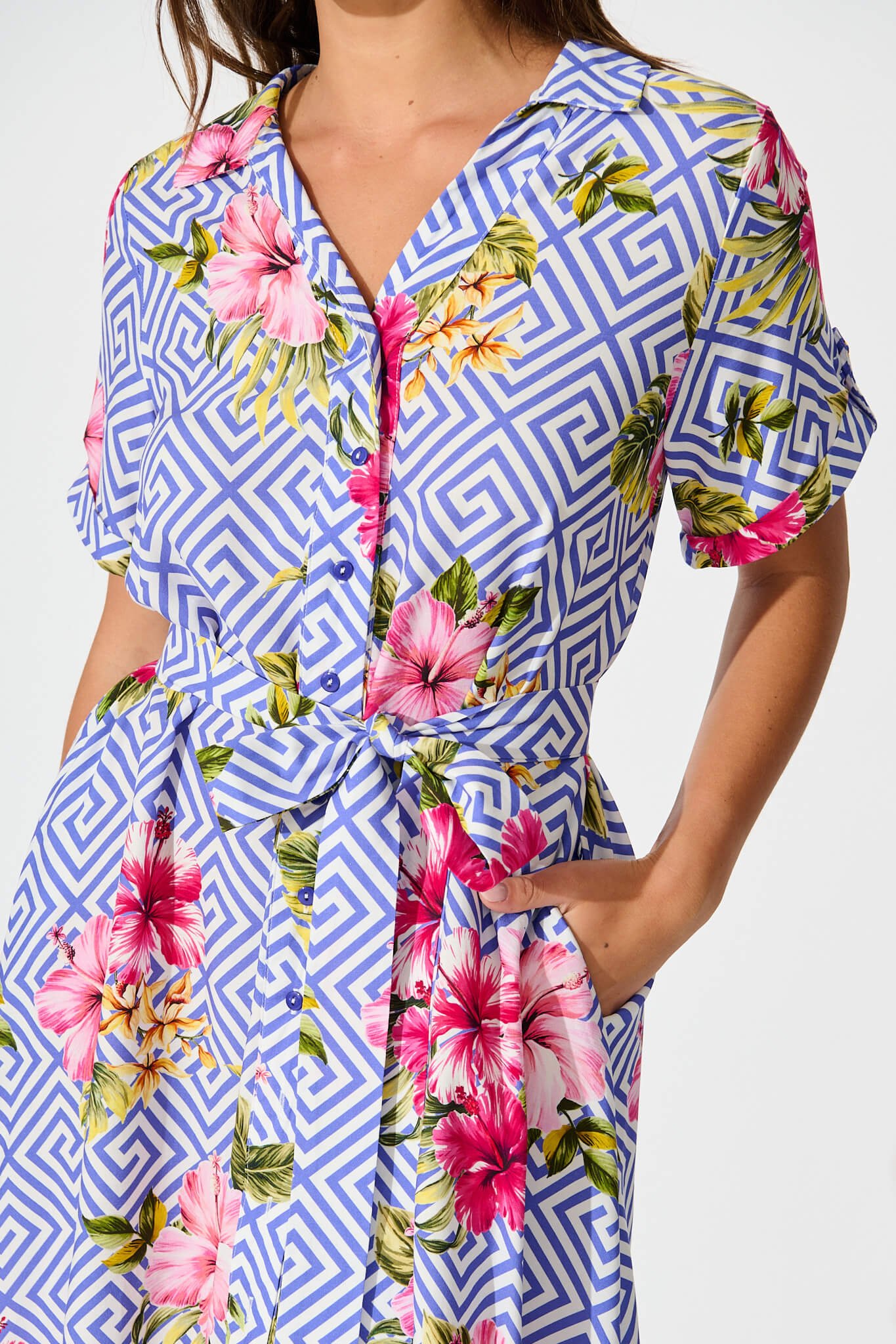 Shirt Dress in Blue with Multi Floral Print - Image 5