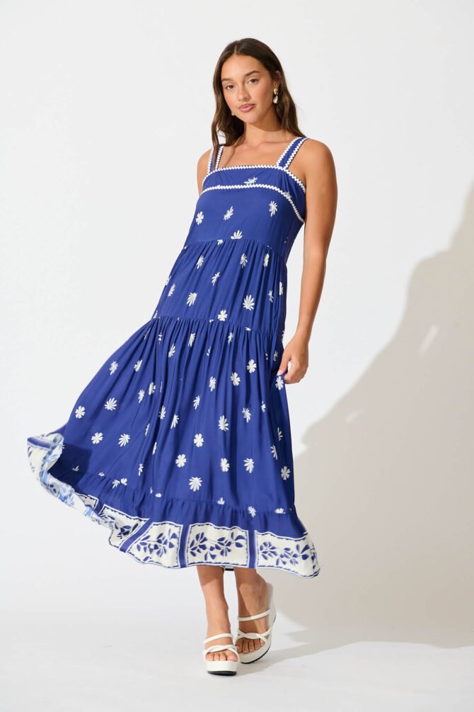 Maxi Sundress in Blue with White Border Print Ric Rac