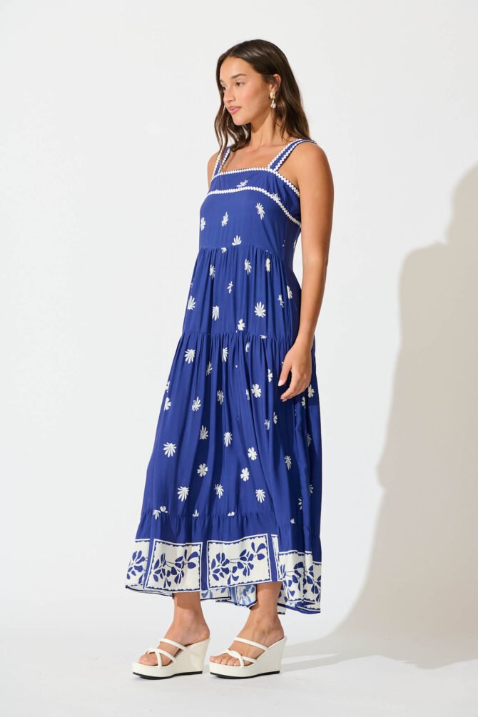 Maxi Sundress in Blue with White Border Print Ric Rac - Image 2