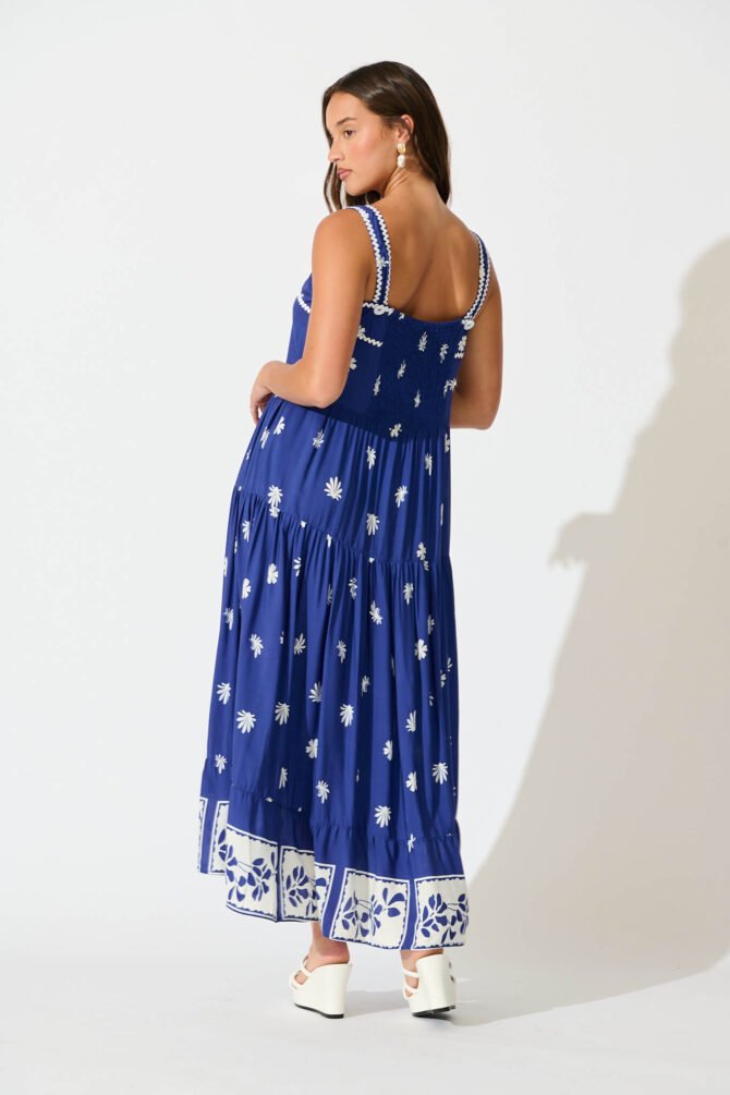 Maxi Sundress in Blue with White Border Print Ric Rac - Image 3