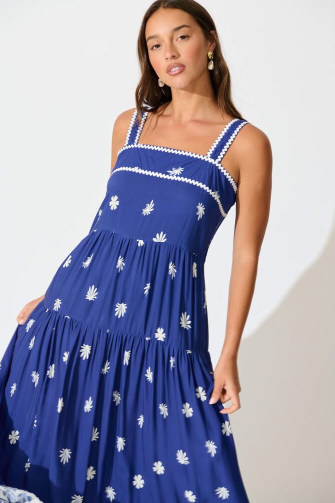Maxi Sundress in Blue with White Border Print Ric Rac - Image 4