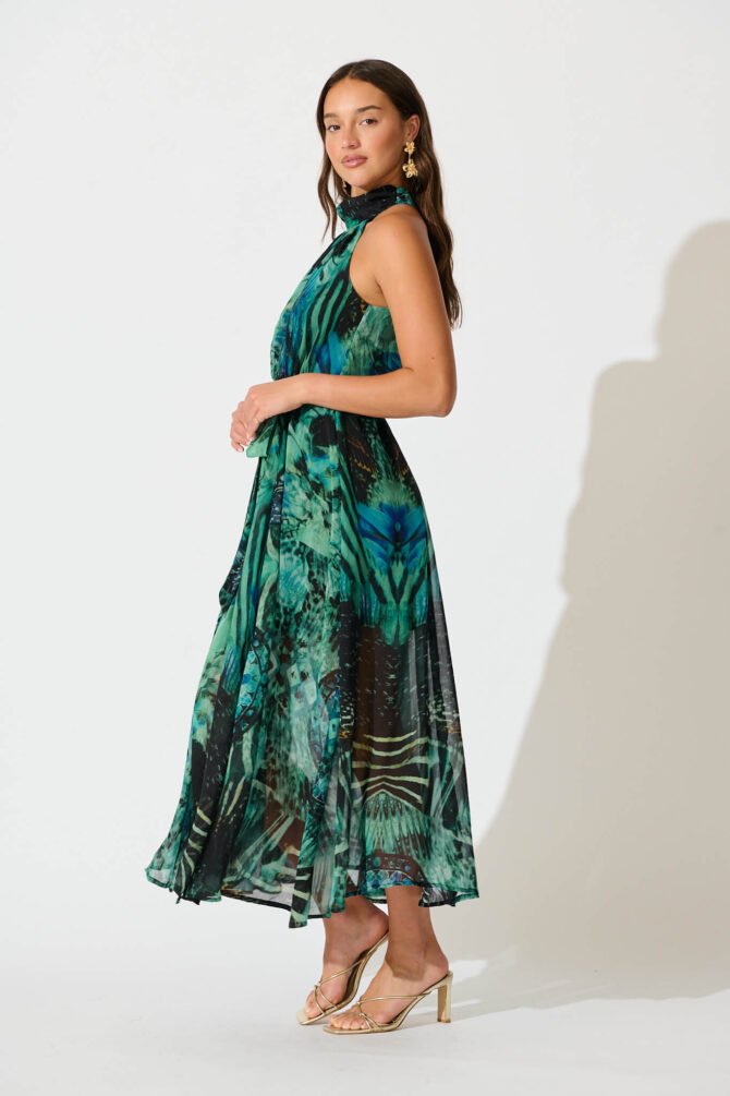 Halter Neck Maxi Dress in Green Multi Chiffon - Image 3