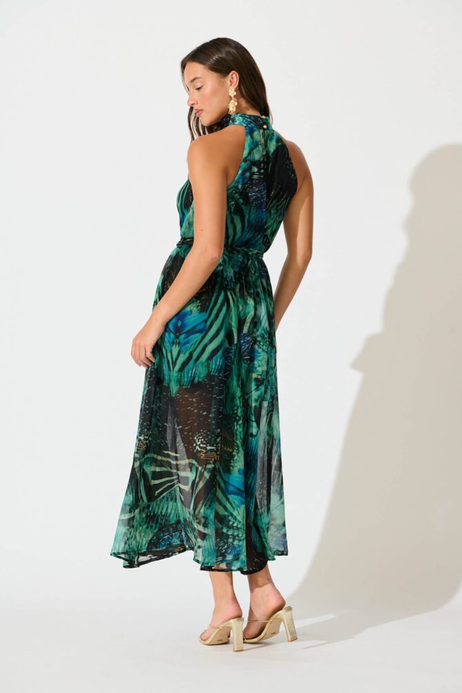 Halter Neck Maxi Dress in Green Multi Chiffon - Image 4