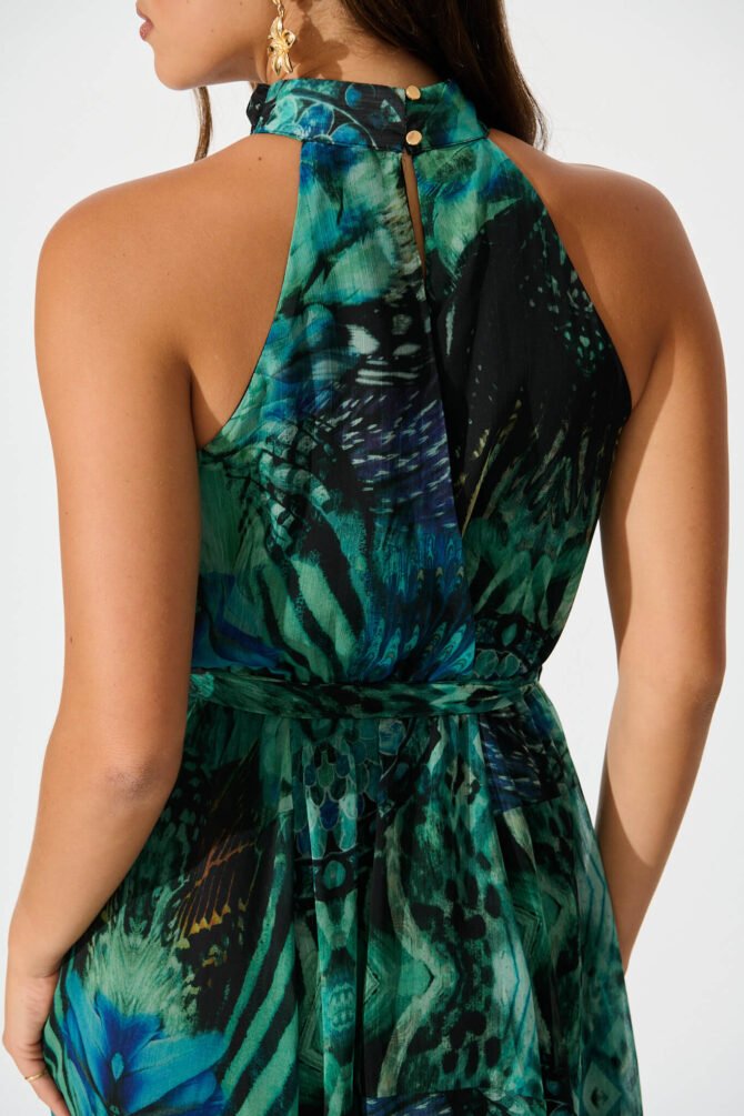 Halter Neck Maxi Dress in Green Multi Chiffon - Image 5