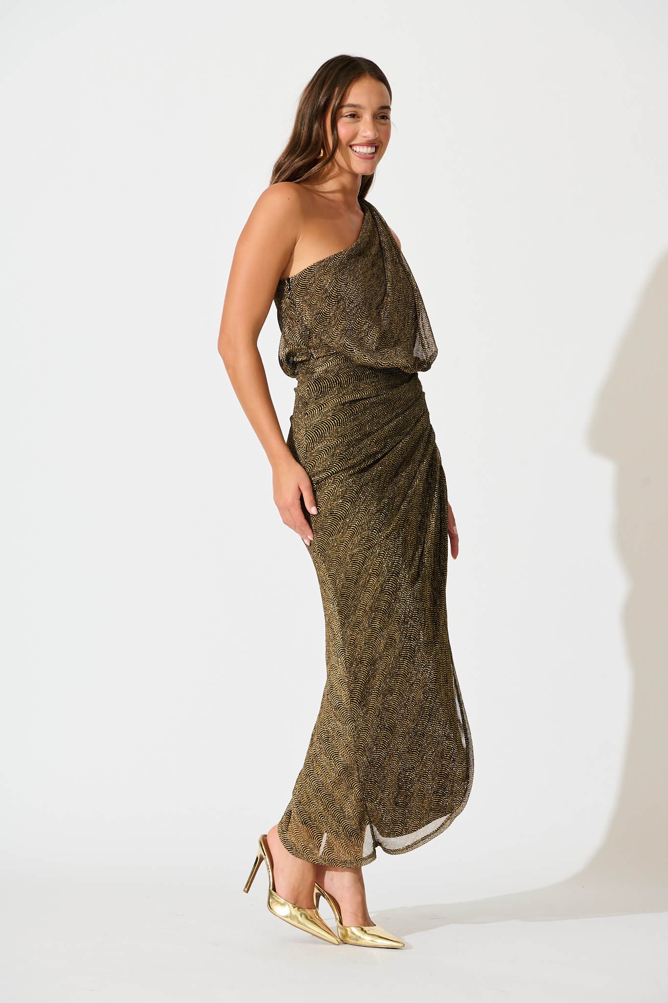One Shoulder Maxi Dress in Black with Gold Lurex - Image 4