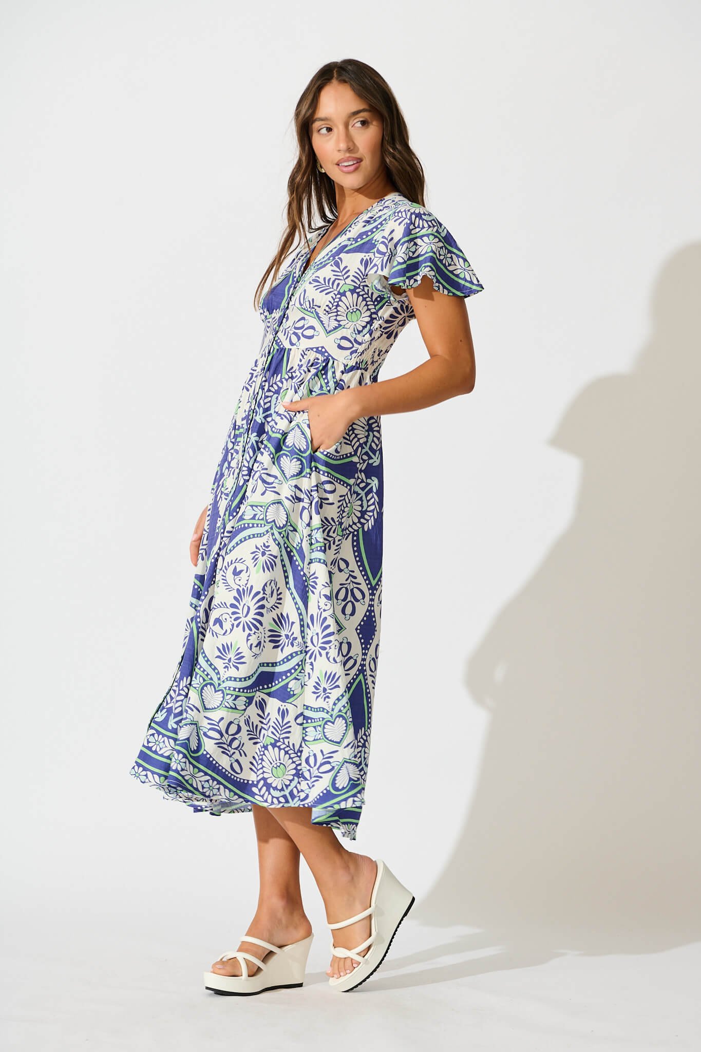 Midi Dress in White and Blue Print - Image 3