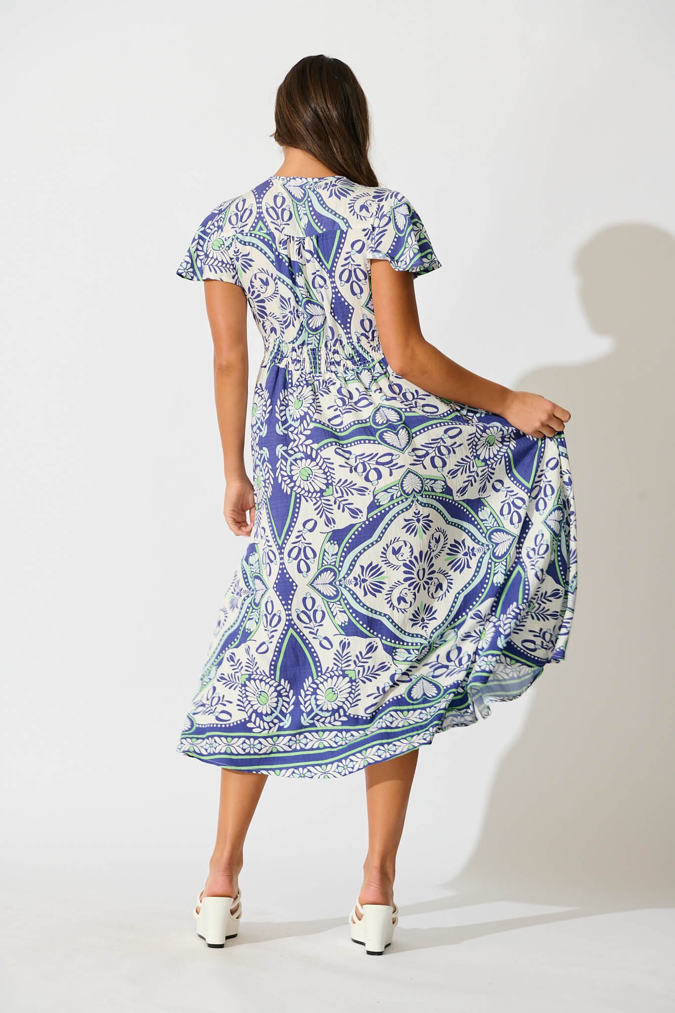 Midi Dress in White and Blue Print - Image 4