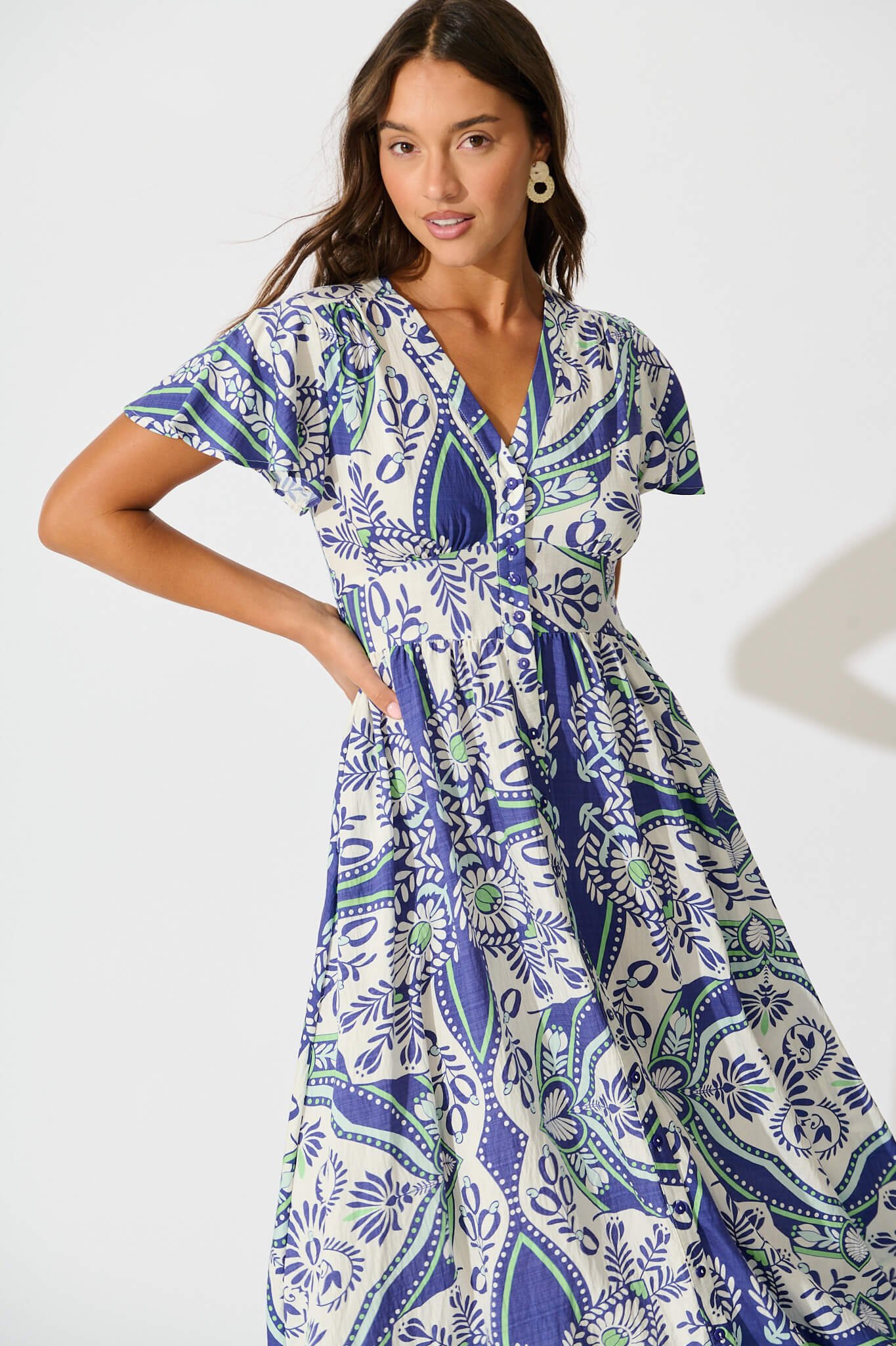 Midi Dress in White and Blue Print - Image 2