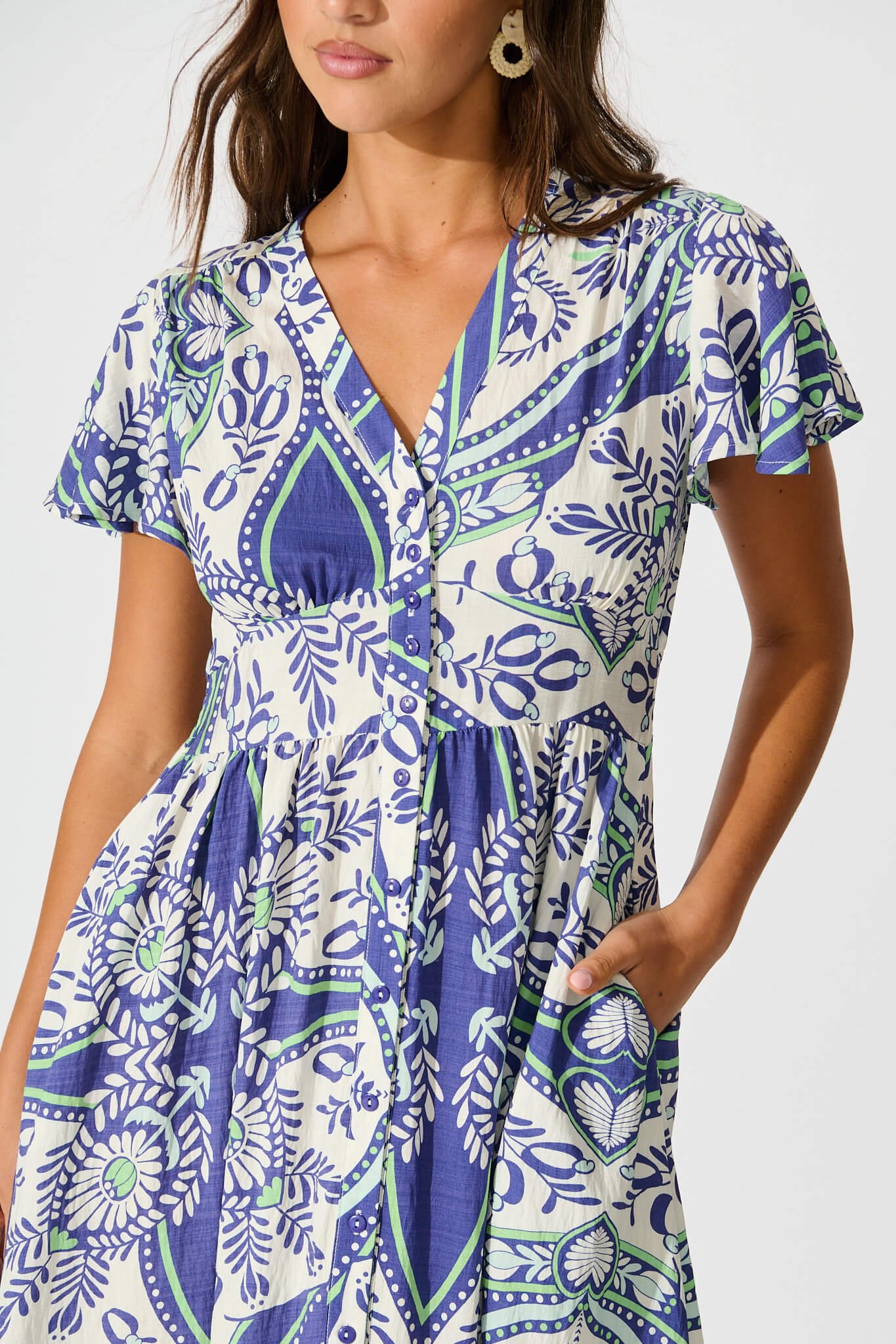 Midi Dress in White and Blue Print - Image 5