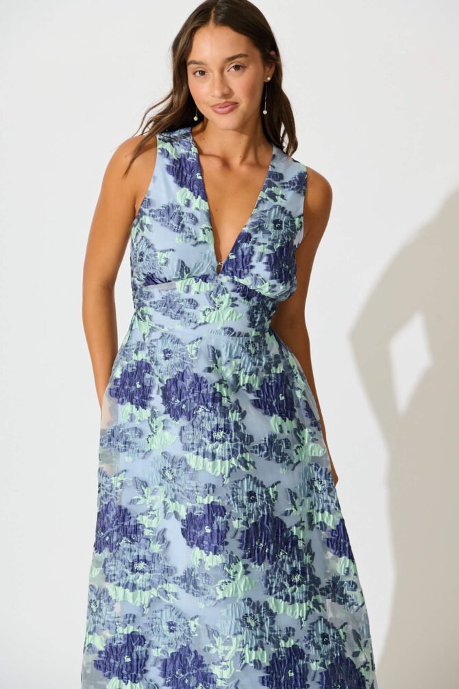 Maxi Dress in Blue Floral Organza Jaquard - Image 2