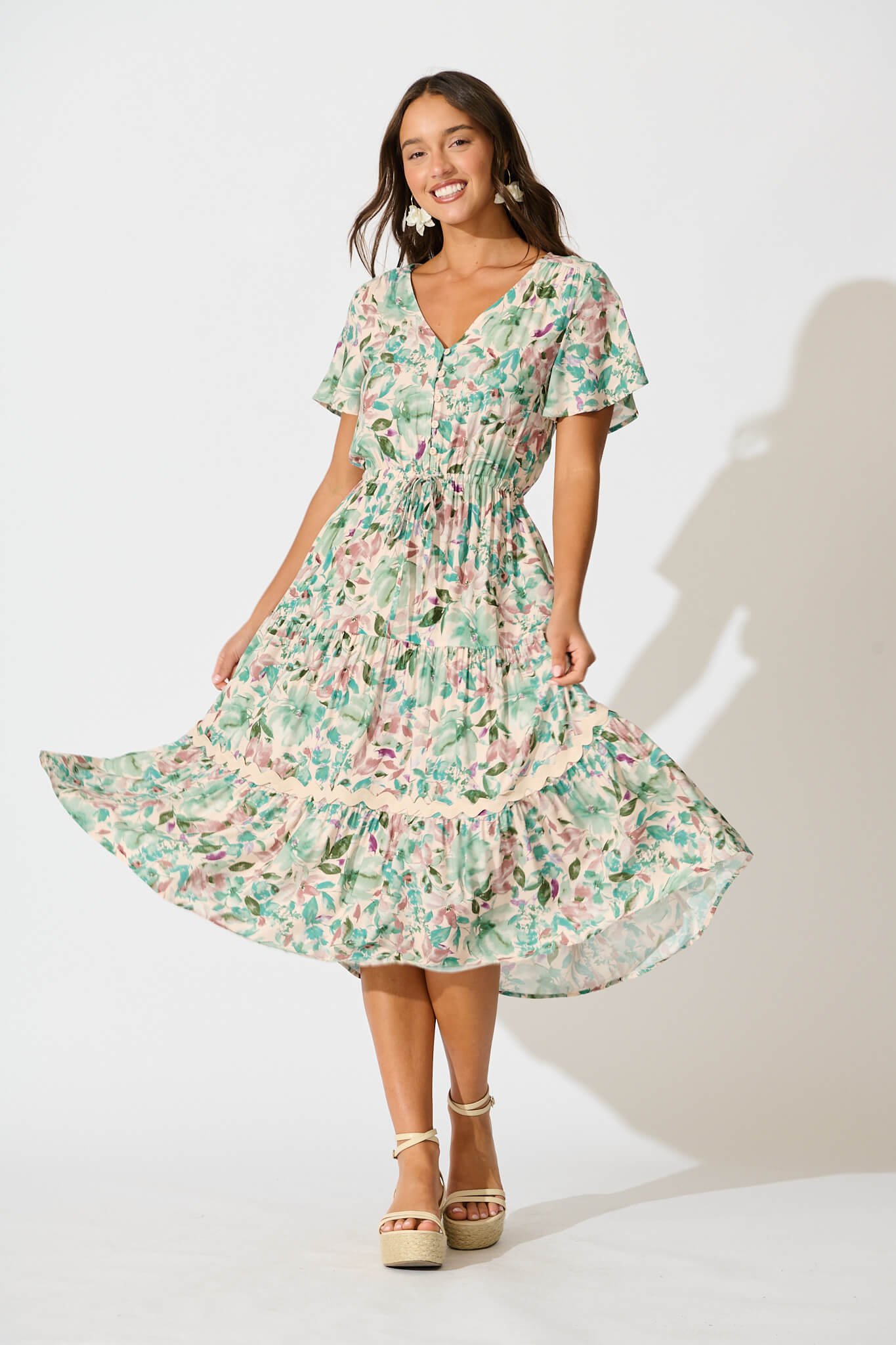 Midi Dress In White With Teal Floral